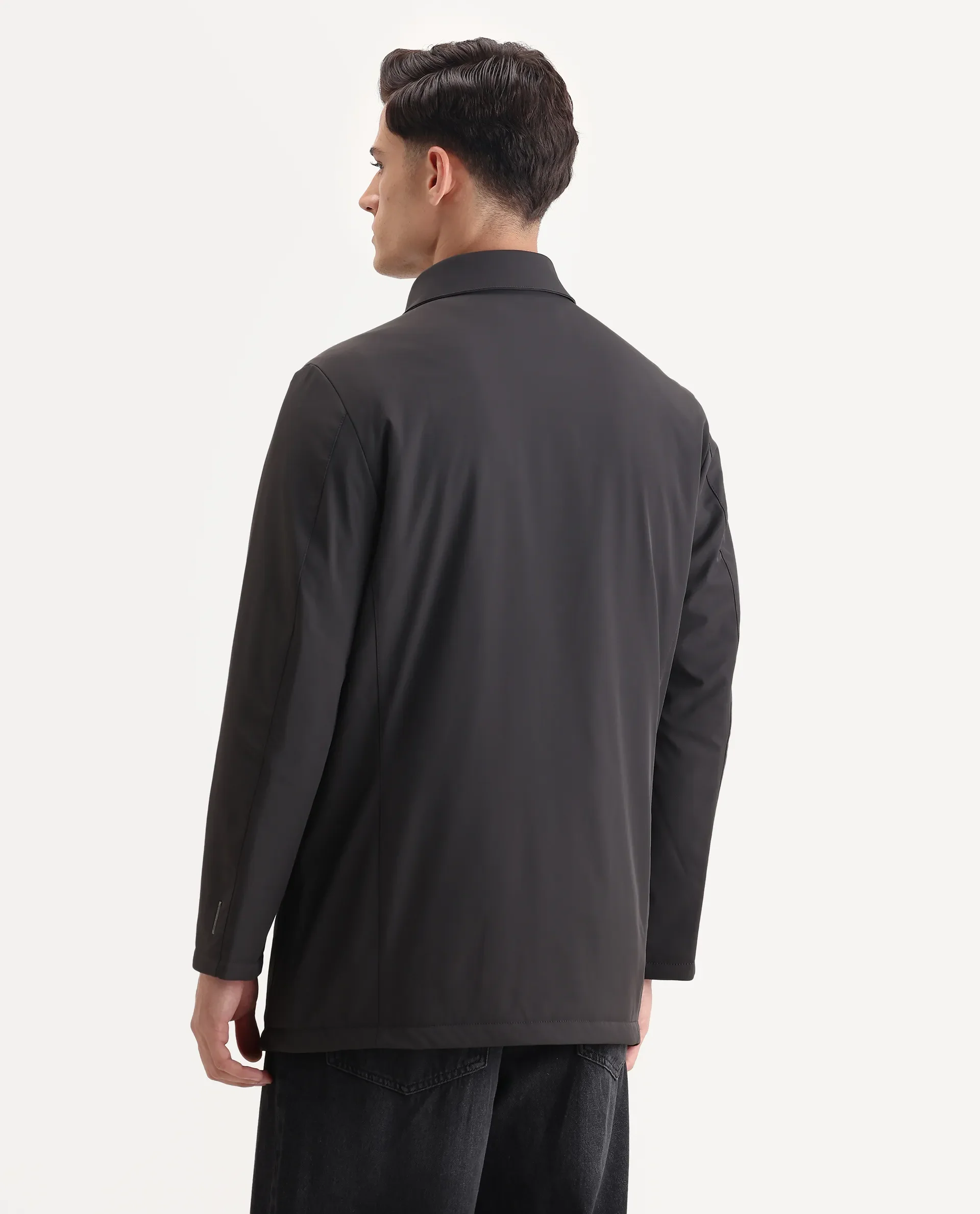 Rare Rabbit Men's Liem Dark Grey Nylon Blend Fabric Collared Neck Regular Fit Plain Coat - Image 7