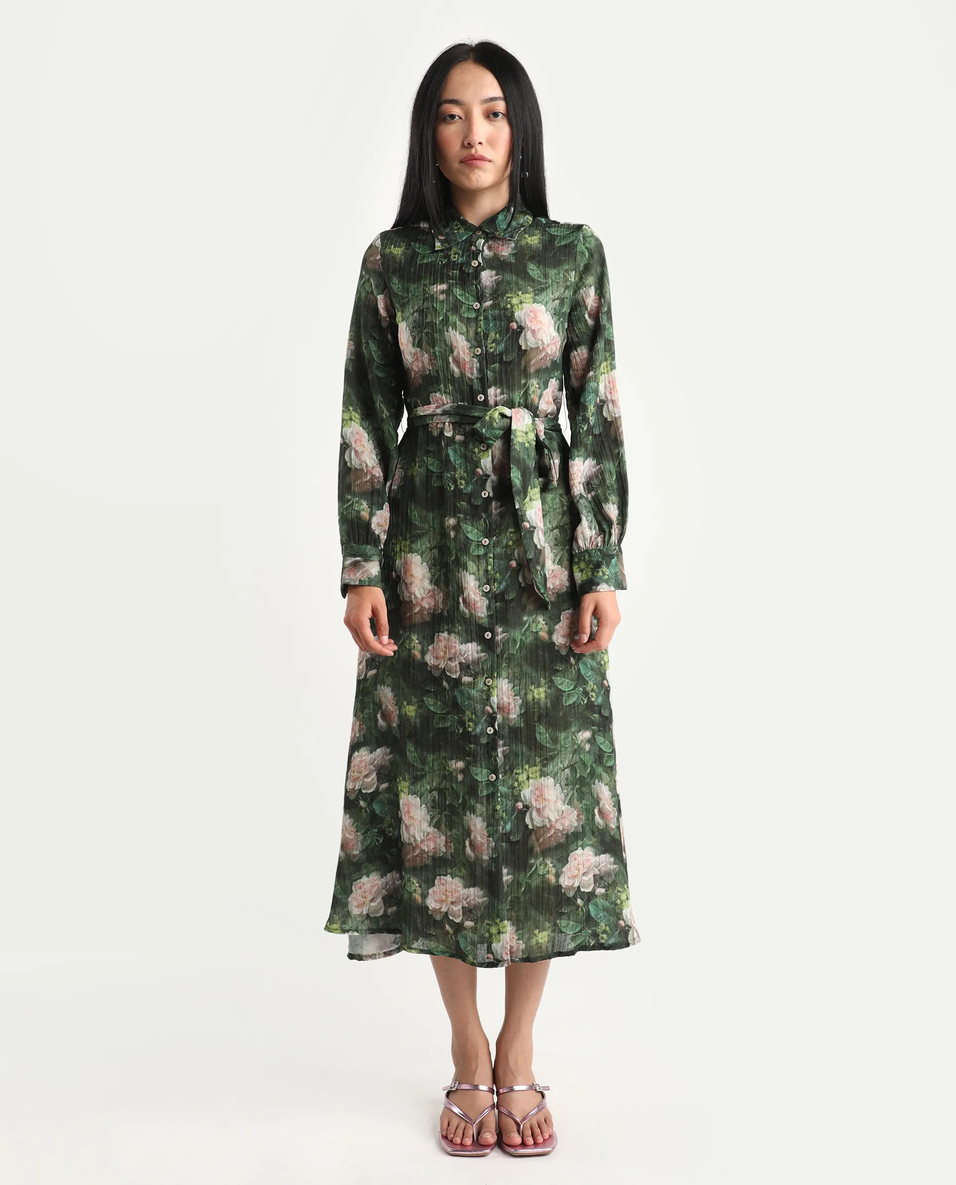 Rareism Women's Lika Dark Green Polyester Tie-Up Neck Floral Print Bishop Sleeve Midi Flared Dress - Image 3