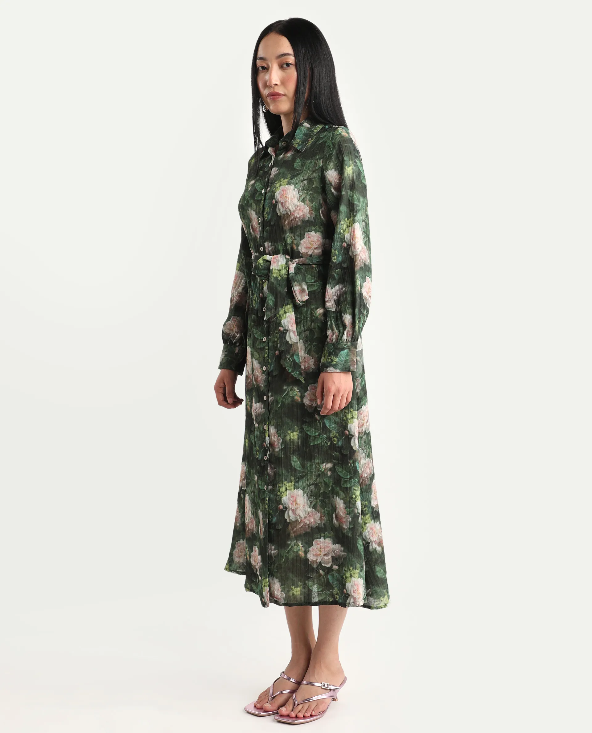 Rareism Women's Lika Dark Green Polyester Tie-Up Neck Floral Print Bishop Sleeve Midi Flared Dress - Image 5