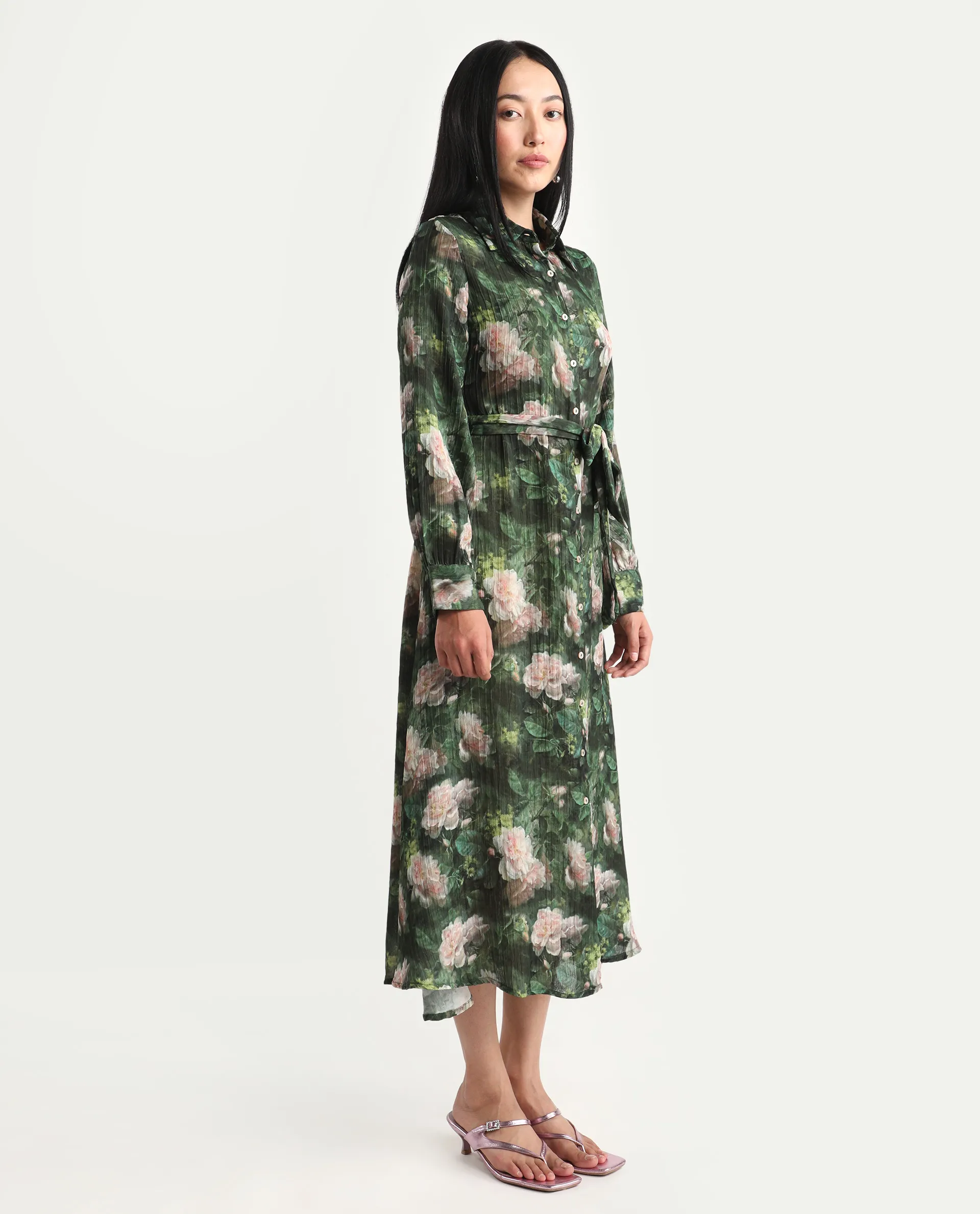 Rareism Women's Lika Dark Green Polyester Tie-Up Neck Floral Print Bishop Sleeve Midi Flared Dress - Image 6