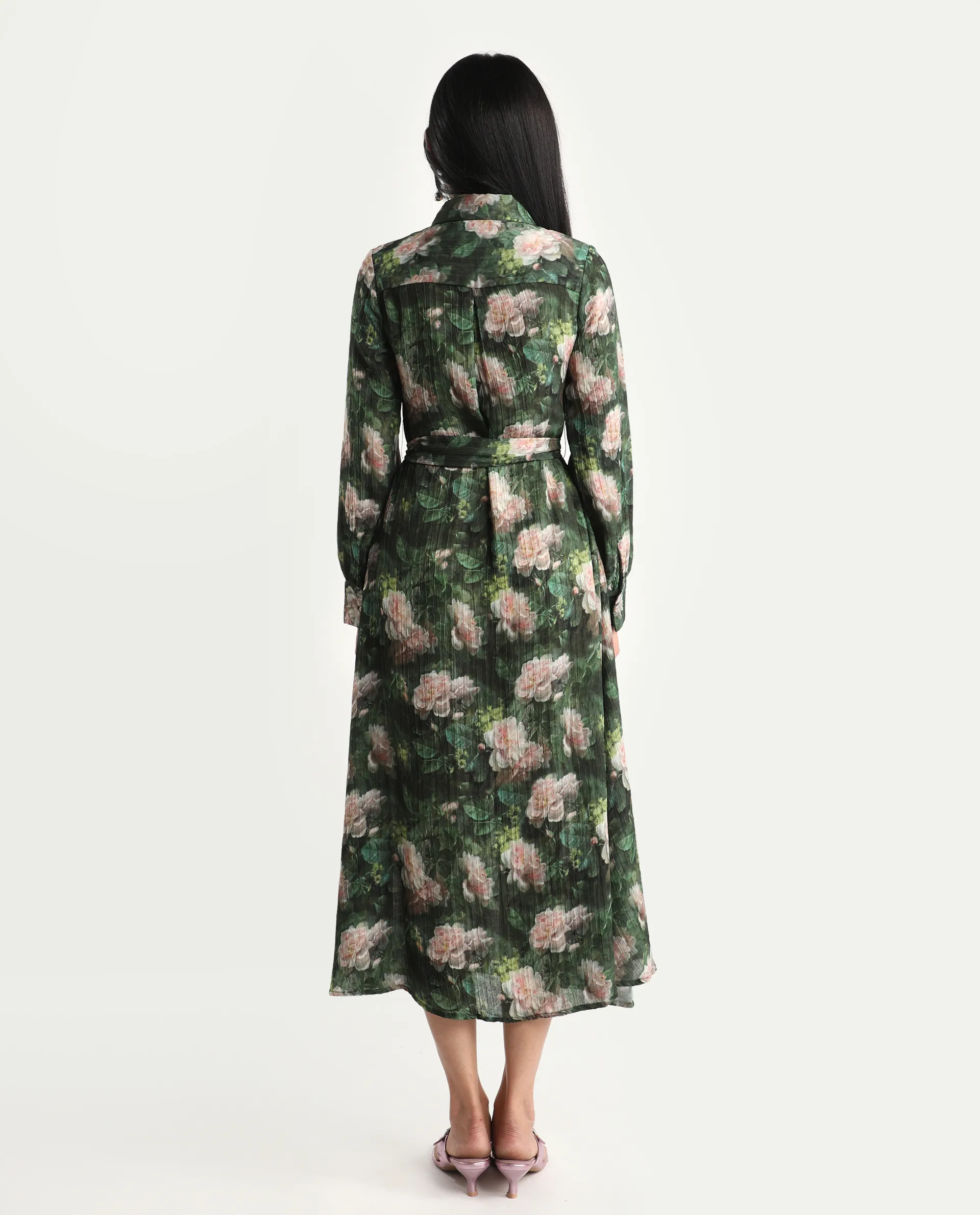 Rareism Women's Lika Dark Green Polyester Tie-Up Neck Floral Print Bishop Sleeve Midi Flared Dress - Image 7