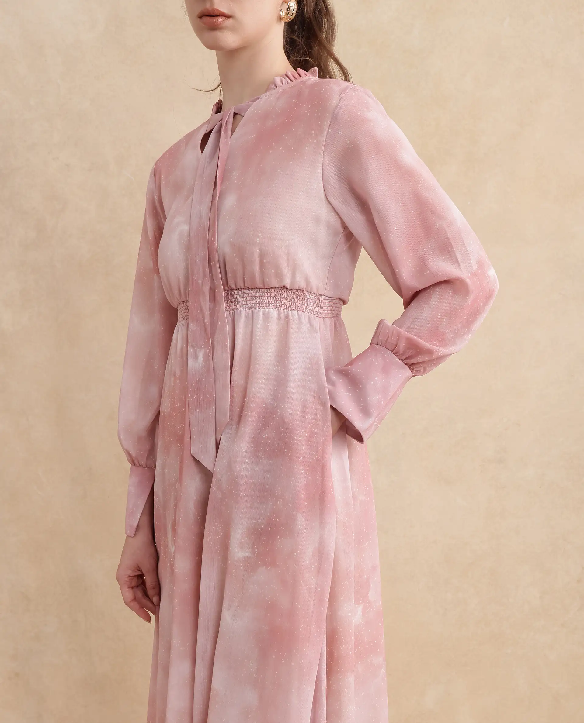 Rareism Women's Likp Pink Polyester Sweetheart Neck Abstract Print Bishop Sleeve Midi Fit And Flare Dress - Image 2