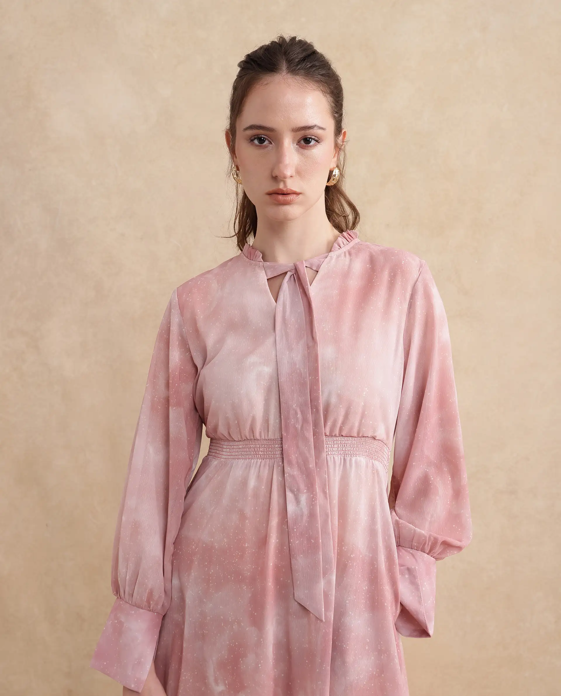 Rareism Women's Likp Pink Polyester Sweetheart Neck Abstract Print Bishop Sleeve Midi Fit And Flare Dress - Image 3