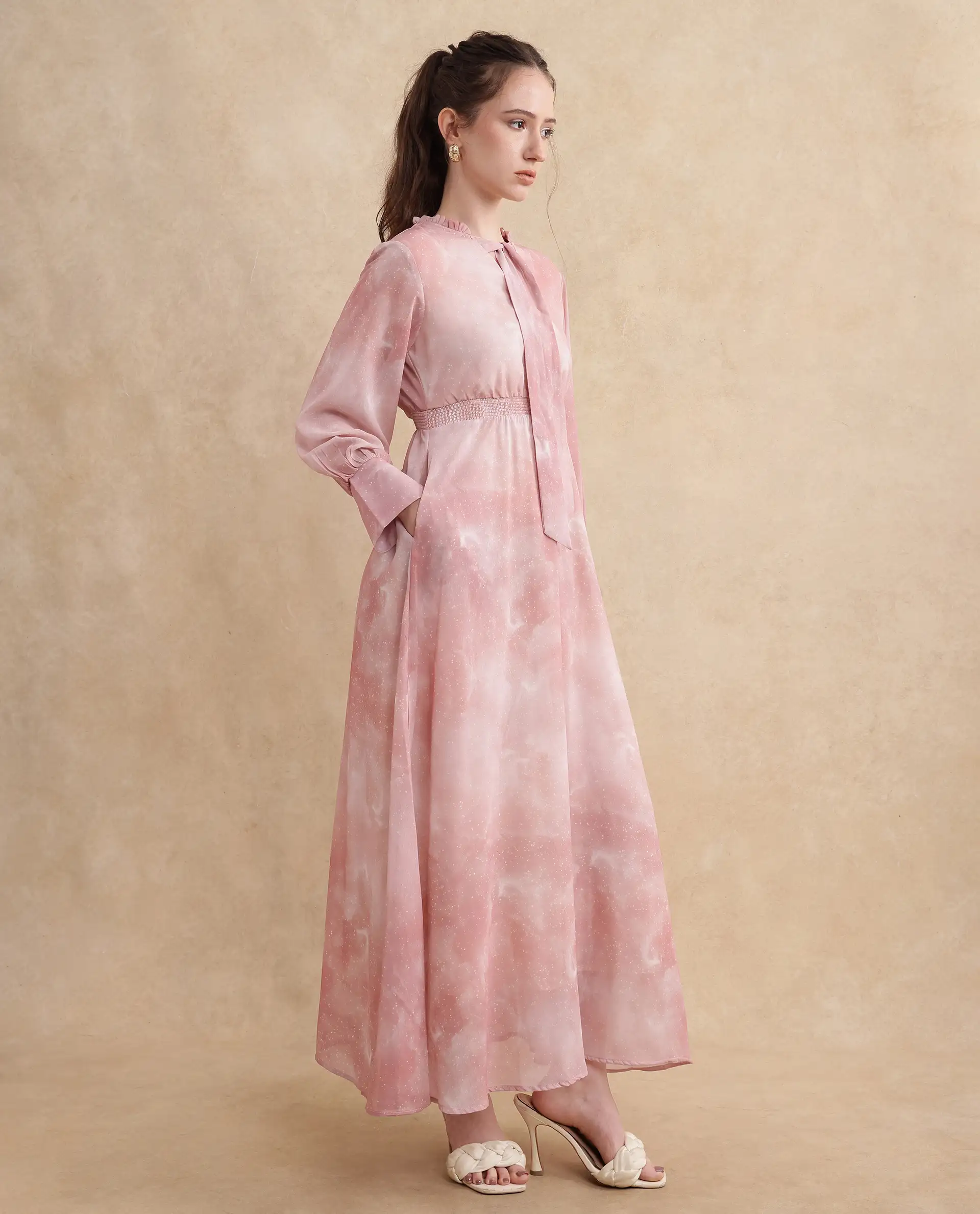 Rareism Women's Likp Pink Polyester Sweetheart Neck Abstract Print Bishop Sleeve Midi Fit And Flare Dress - Image 5