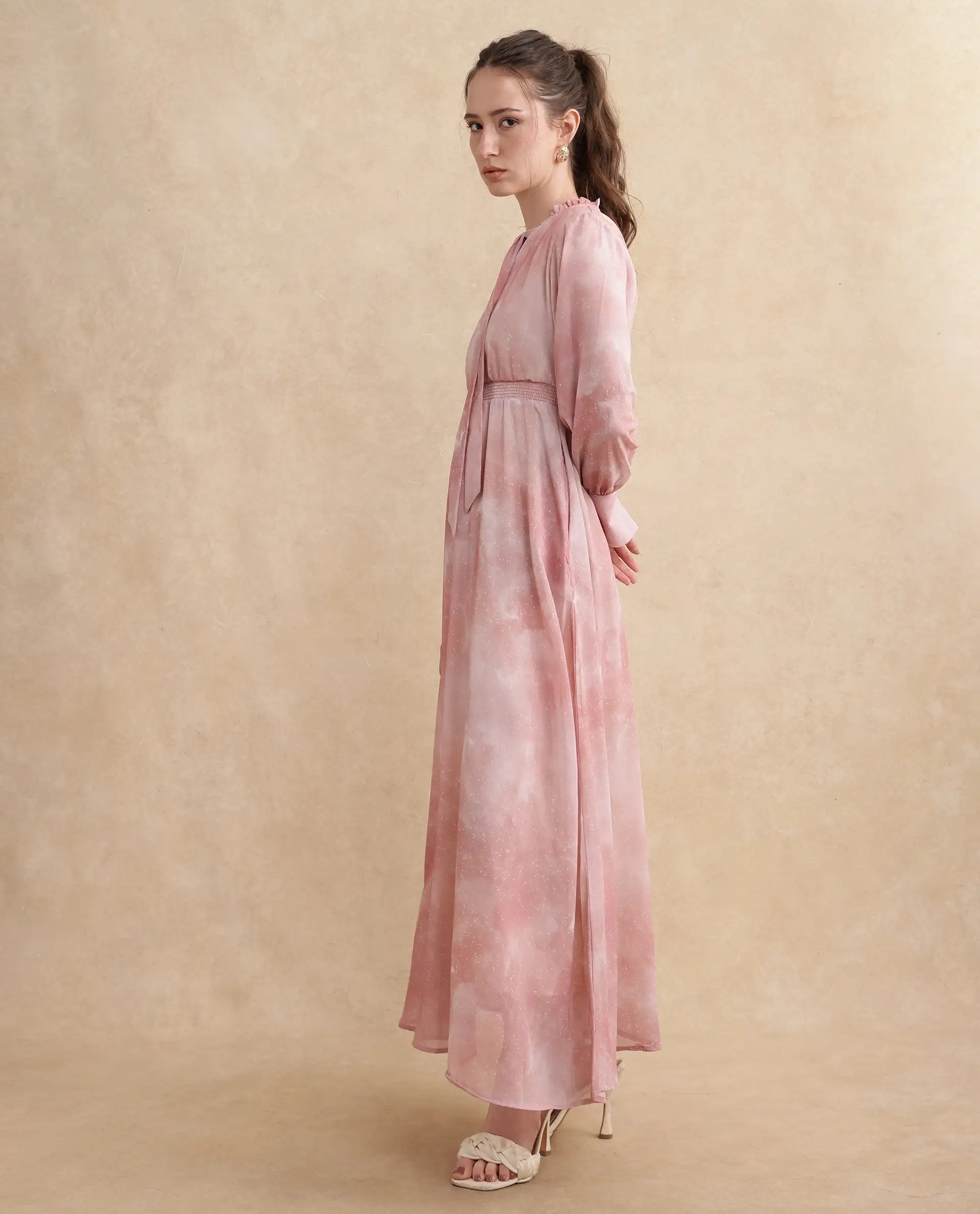 Rareism Women's Likp Pink Polyester Sweetheart Neck Abstract Print Bishop Sleeve Midi Fit And Flare Dress - Image 6