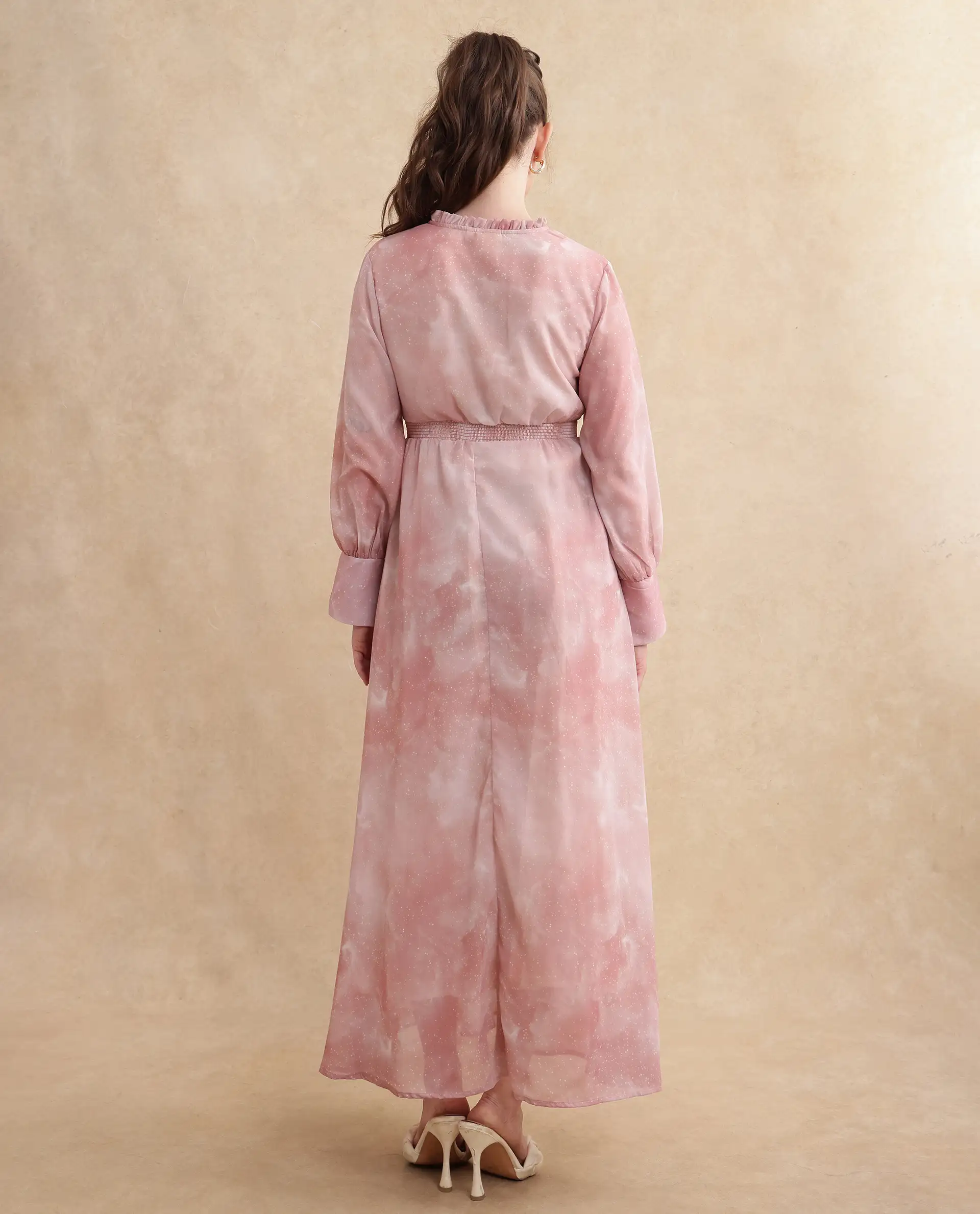 Rareism Women's Likp Pink Polyester Sweetheart Neck Abstract Print Bishop Sleeve Midi Fit And Flare Dress - Image 7