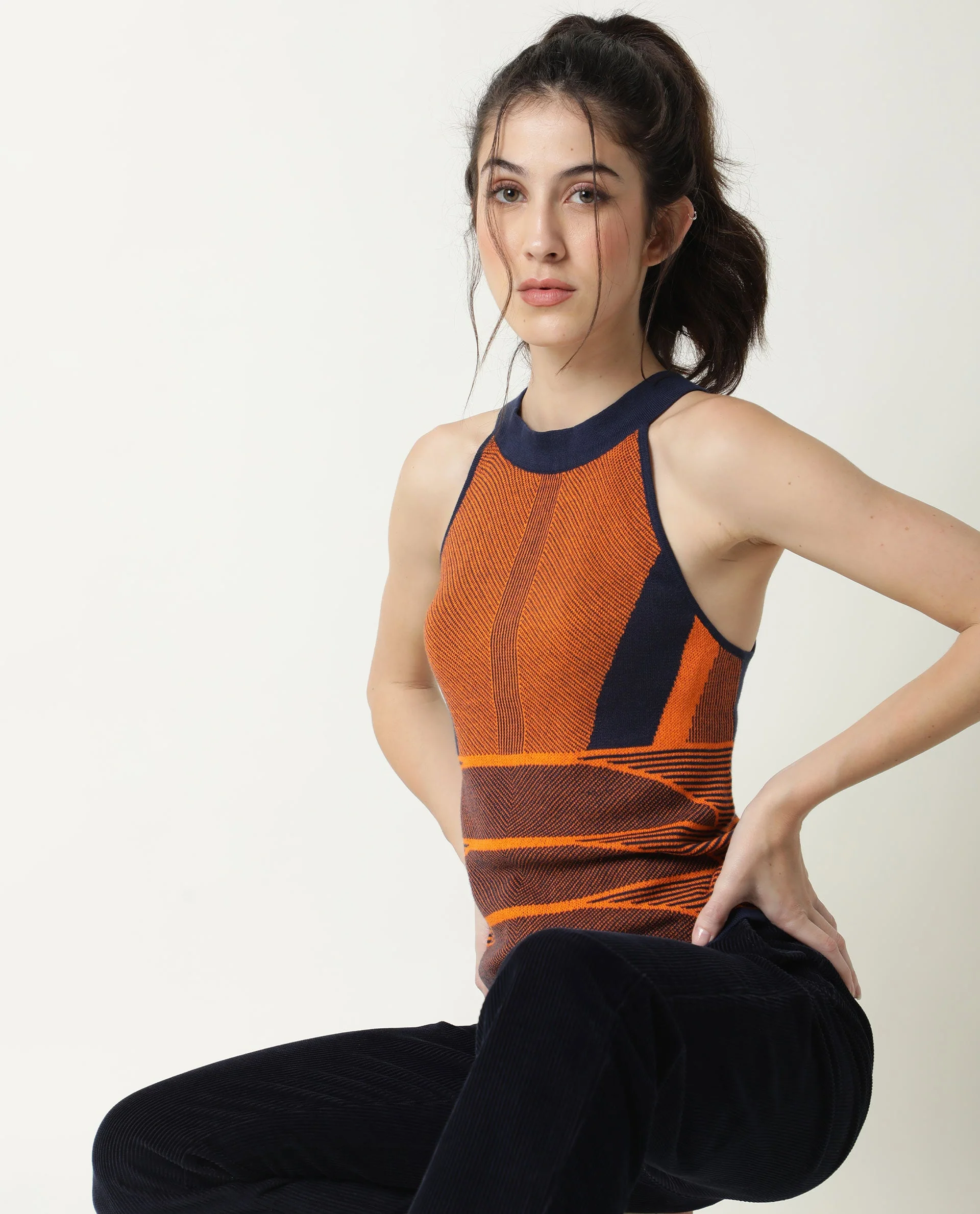 Rareism Women's Lila Orange Cotton Halter Neck Textured Sleeveless Regular Fit Sweater