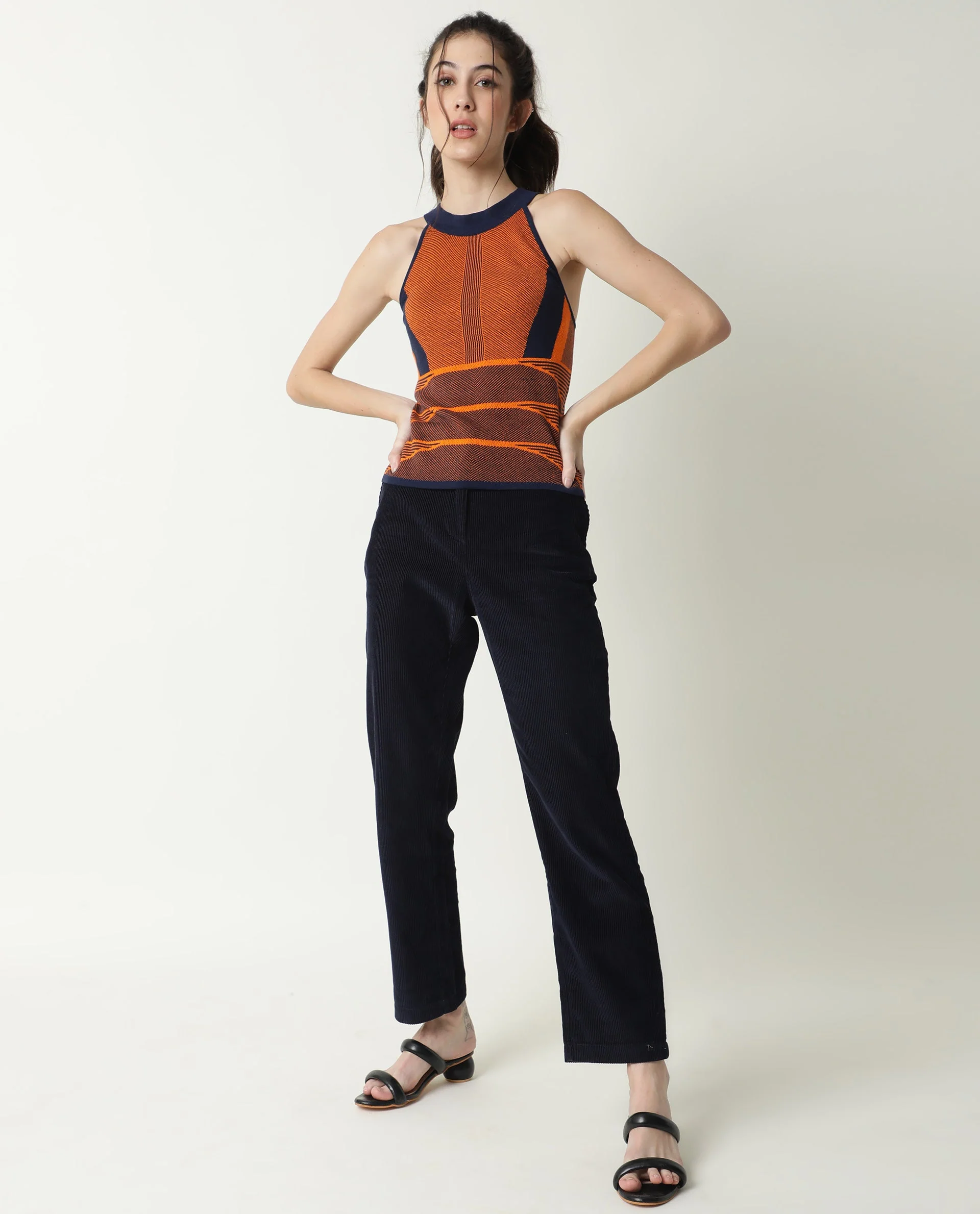 Rareism Women's Lila Orange Cotton Halter Neck Textured Sleeveless Regular Fit Sweater - Image 2