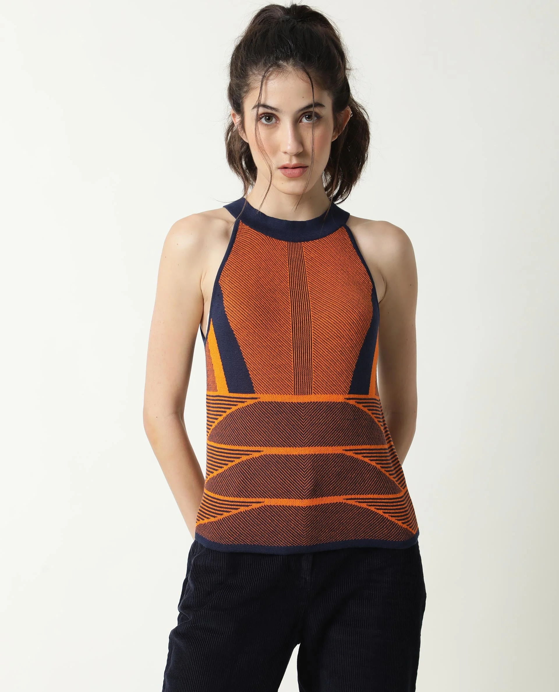 Rareism Women's Lila Orange Cotton Halter Neck Textured Sleeveless Regular Fit Sweater - Image 3