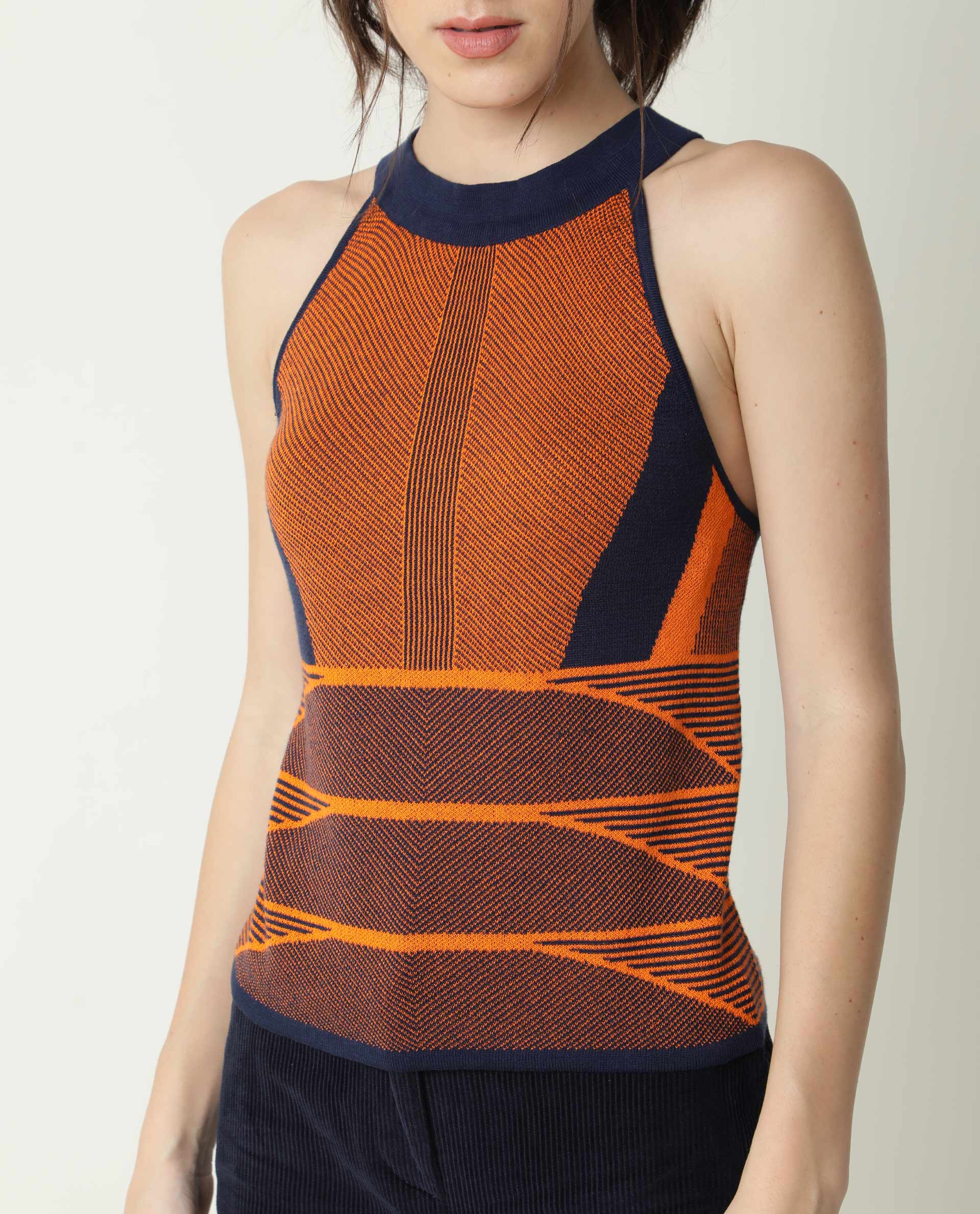 Rareism Women's Lila Orange Cotton Halter Neck Textured Sleeveless Regular Fit Sweater - Image 4