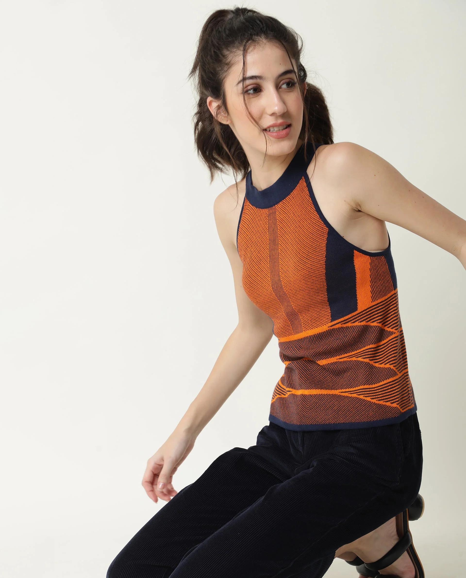 Rareism Women's Lila Orange Cotton Halter Neck Textured Sleeveless Regular Fit Sweater - Image 5