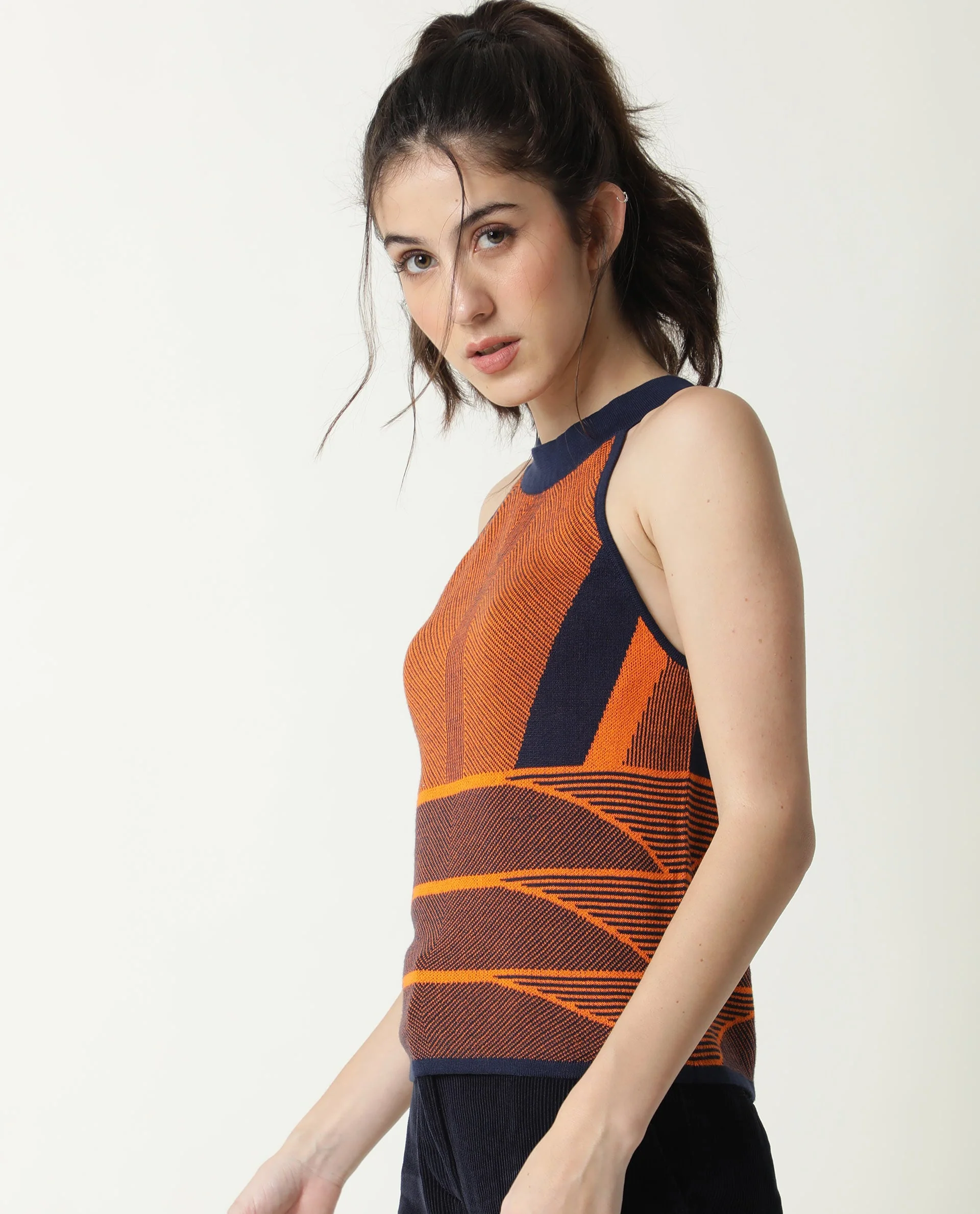 Rareism Women's Lila Orange Cotton Halter Neck Textured Sleeveless Regular Fit Sweater - Image 7