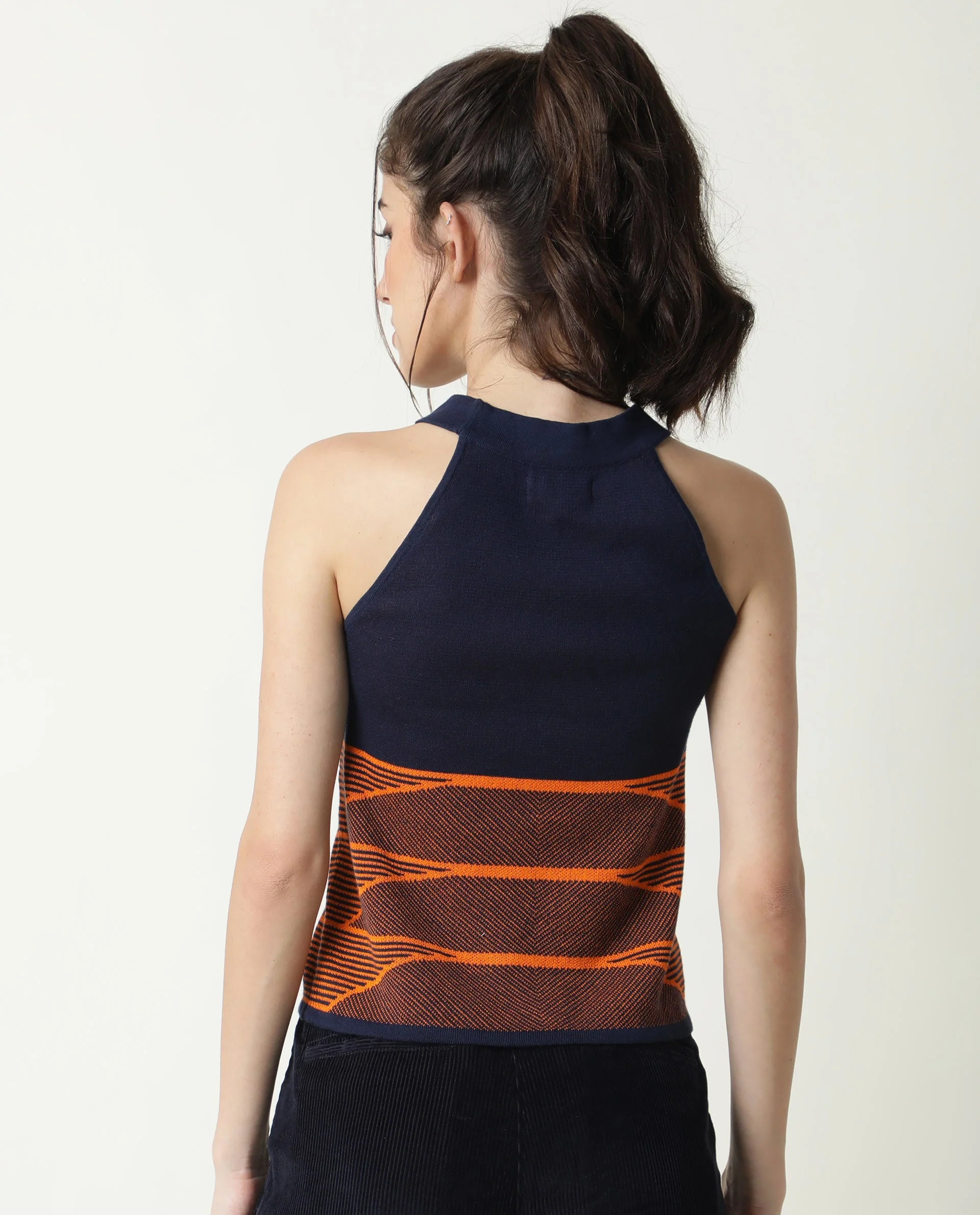 Rareism Women's Lila Orange Cotton Halter Neck Textured Sleeveless Regular Fit Sweater - Image 8