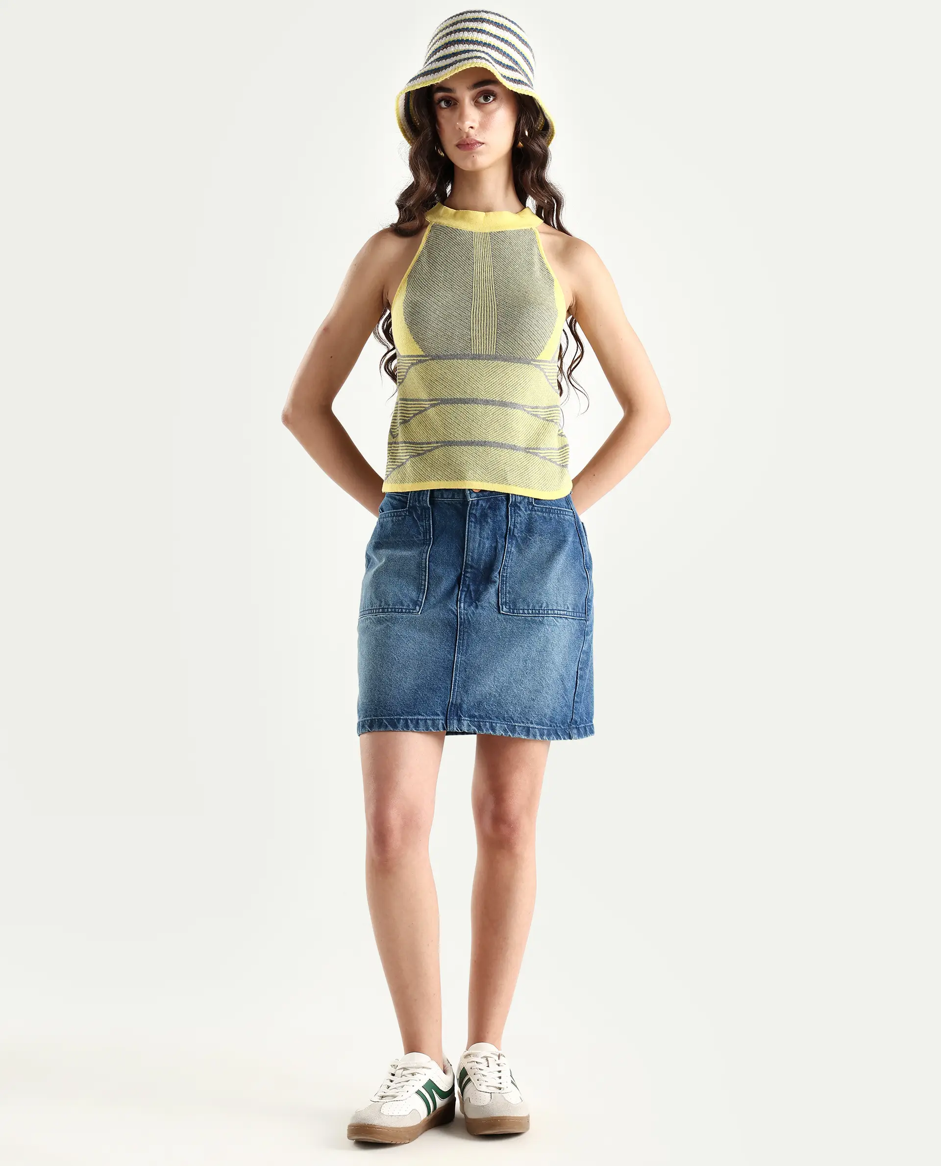 Rareism Women's Lila Yellow Cotton Halter Neck Textured Sleeveless Regular Fit Sweater - Image 2