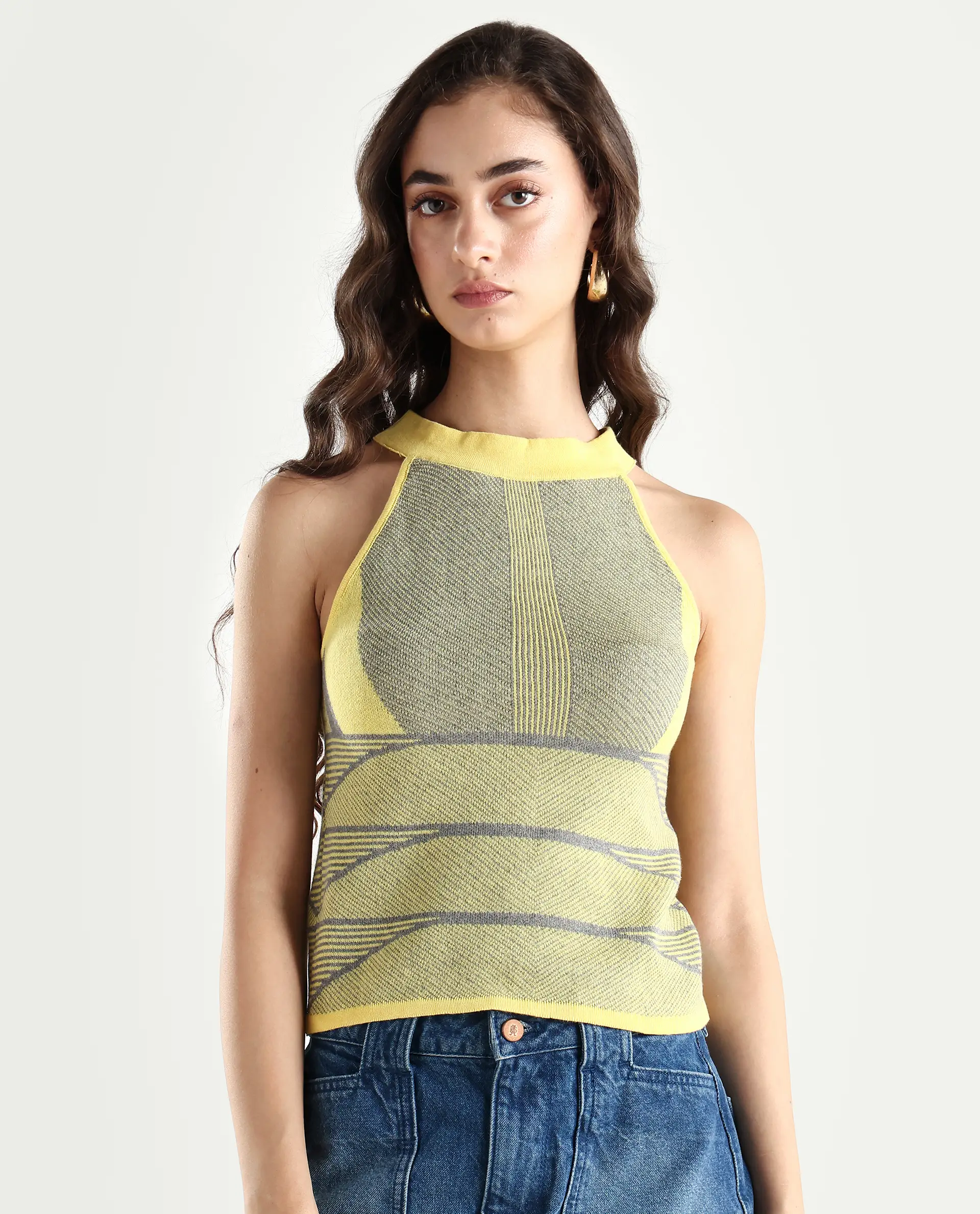 Rareism Women's Lila Yellow Cotton Halter Neck Textured Sleeveless Regular Fit Sweater - Image 3