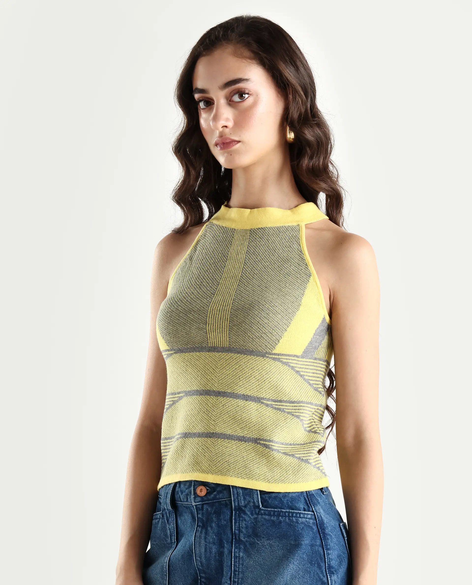 Rareism Women's Lila Yellow Cotton Halter Neck Textured Sleeveless Regular Fit Sweater - Image 4