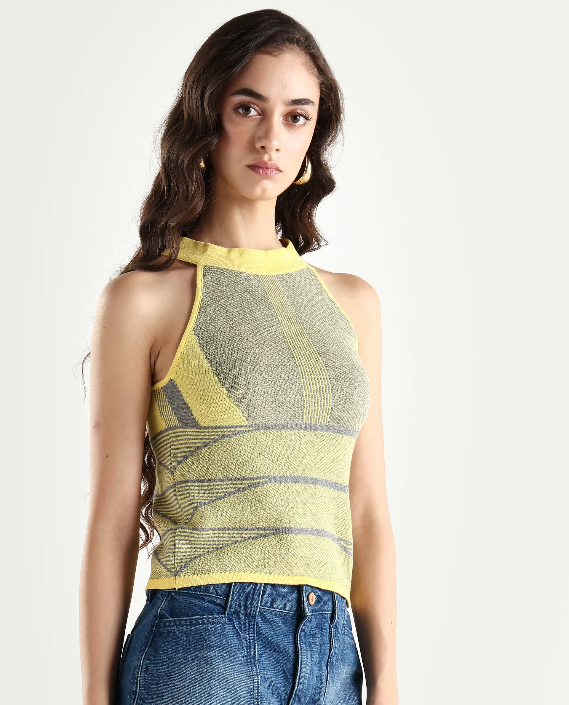 Rareism Women's Lila Yellow Cotton Halter Neck Textured Sleeveless Regular Fit Sweater - Image 5