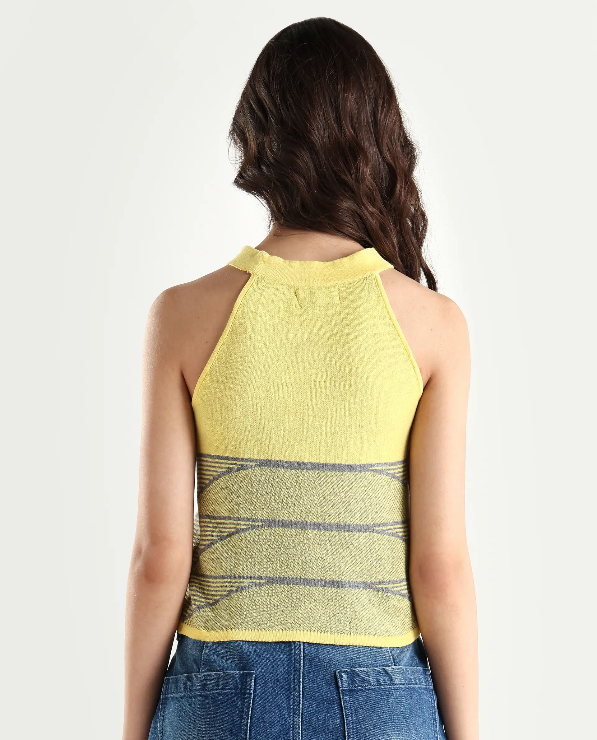 Rareism Women's Lila Yellow Cotton Halter Neck Textured Sleeveless Regular Fit Sweater - Image 7