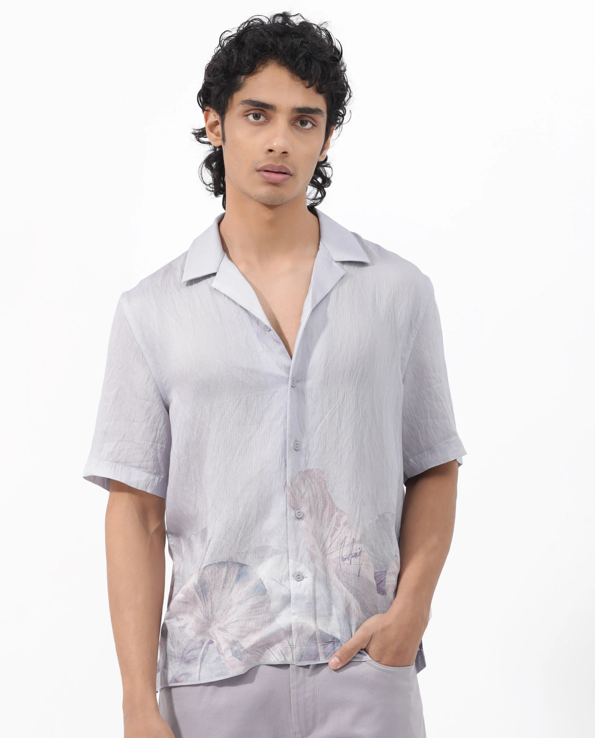 Rare Rabbit Men's Lilate Pastel Purple Viscose Tropical Print Boxy Fit Half Sleeve Cuban Collar Shirt - Image 3