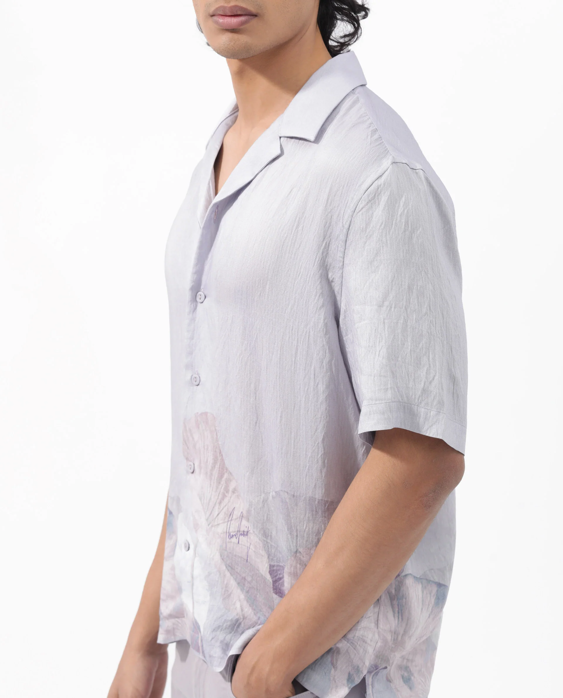 Rare Rabbit Men's Lilate Pastel Purple Viscose Tropical Print Boxy Fit Half Sleeve Cuban Collar Shirt - Image 6