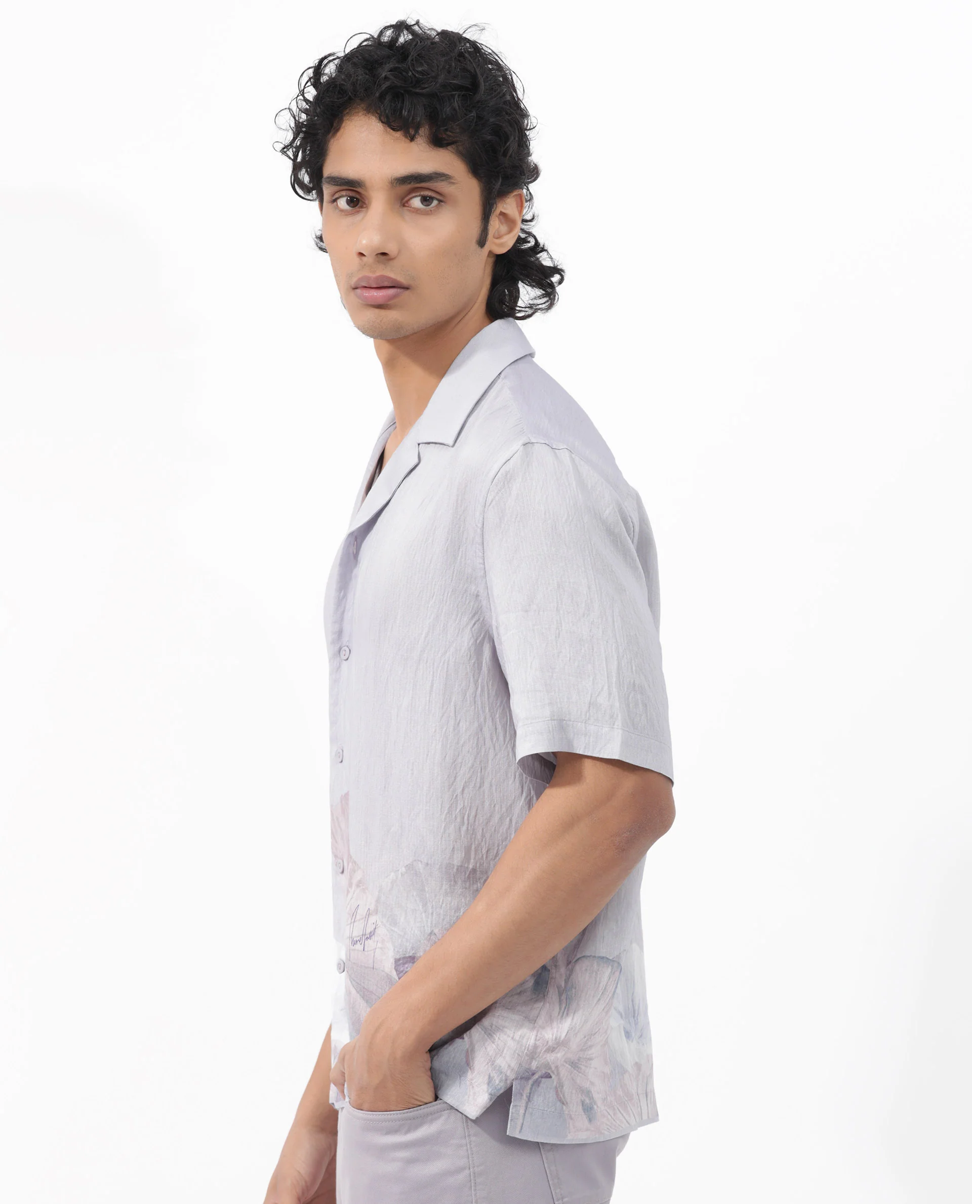 Rare Rabbit Men's Lilate Pastel Purple Viscose Tropical Print Boxy Fit Half Sleeve Cuban Collar Shirt - Image 9