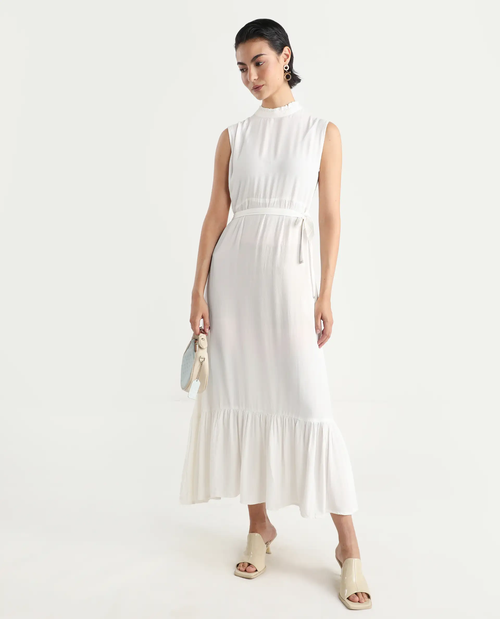 Rareism Women's Lilies White Viscose High Neck Plain Sleeveless Maxi Regular Fit Dress - Image 2