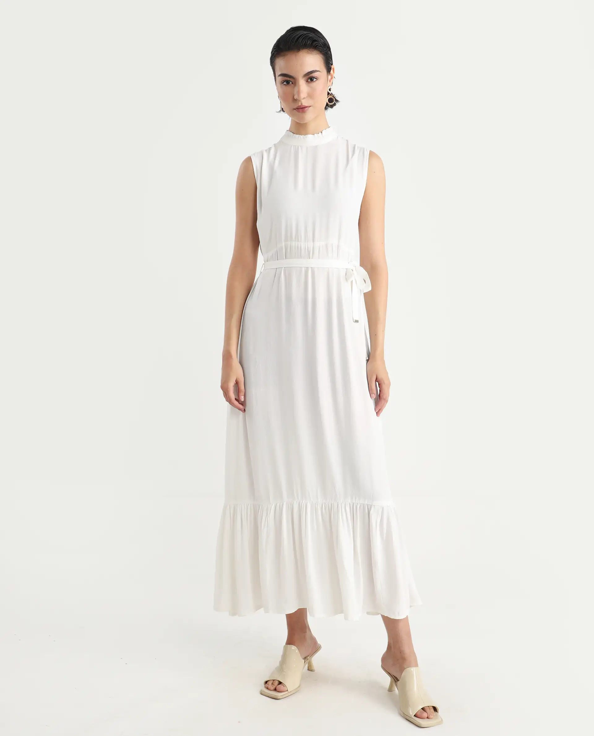 Rareism Women's Lilies White Viscose High Neck Plain Sleeveless Maxi Regular Fit Dress - Image 3