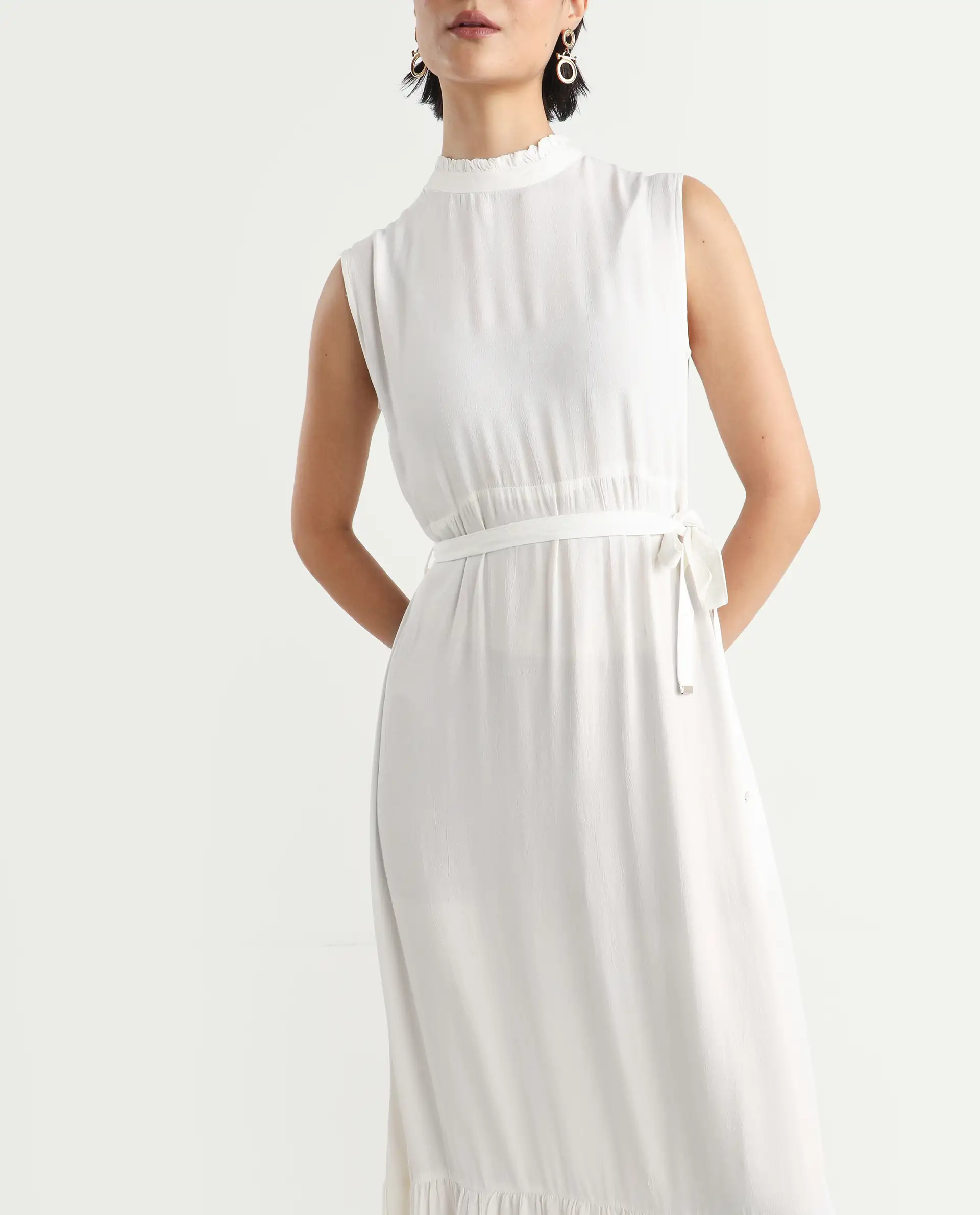 Rareism Women's Lilies White Viscose High Neck Plain Sleeveless Maxi Regular Fit Dress - Image 4
