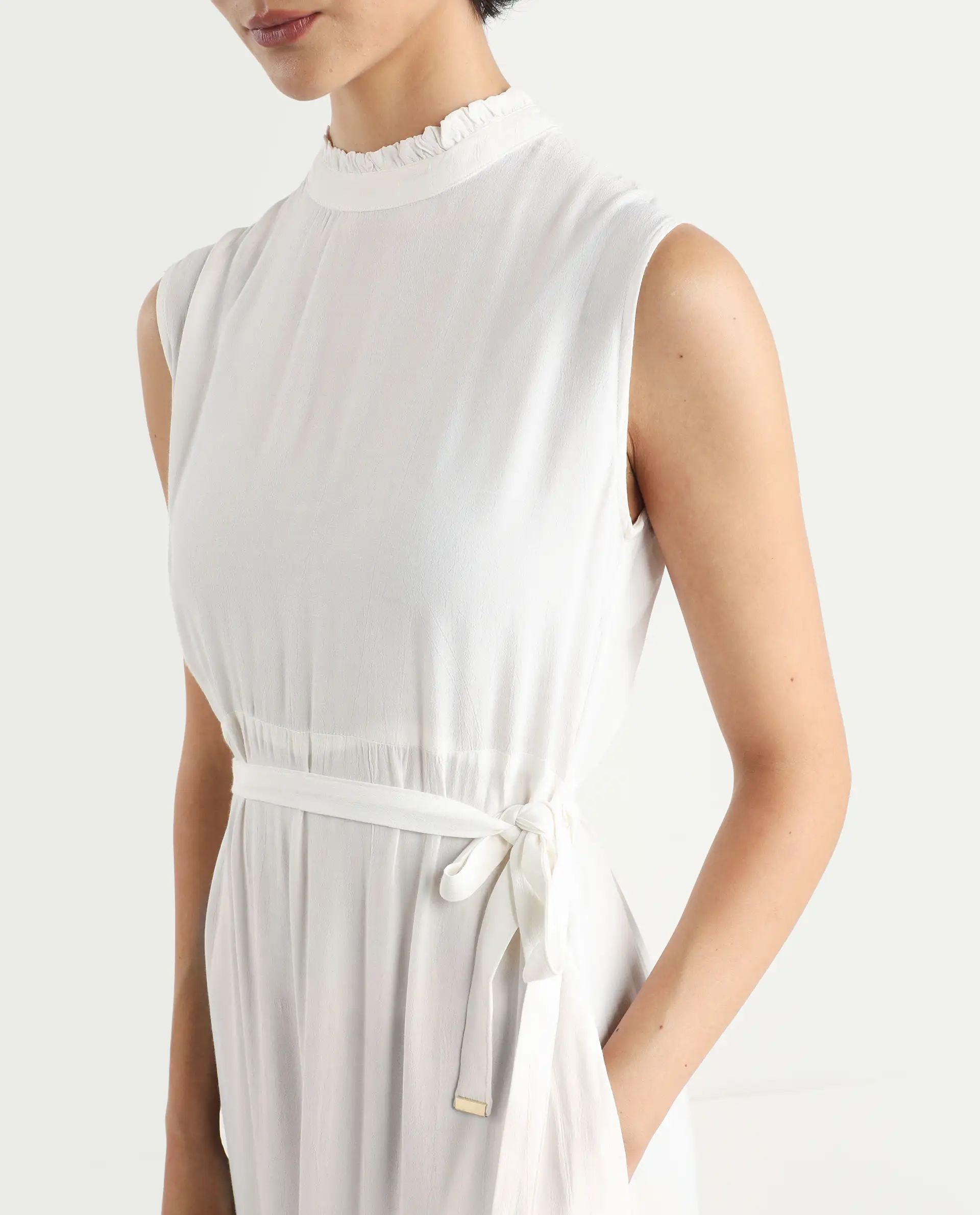 Rareism Women's Lilies White Viscose High Neck Plain Sleeveless Maxi Regular Fit Dress - Image 5