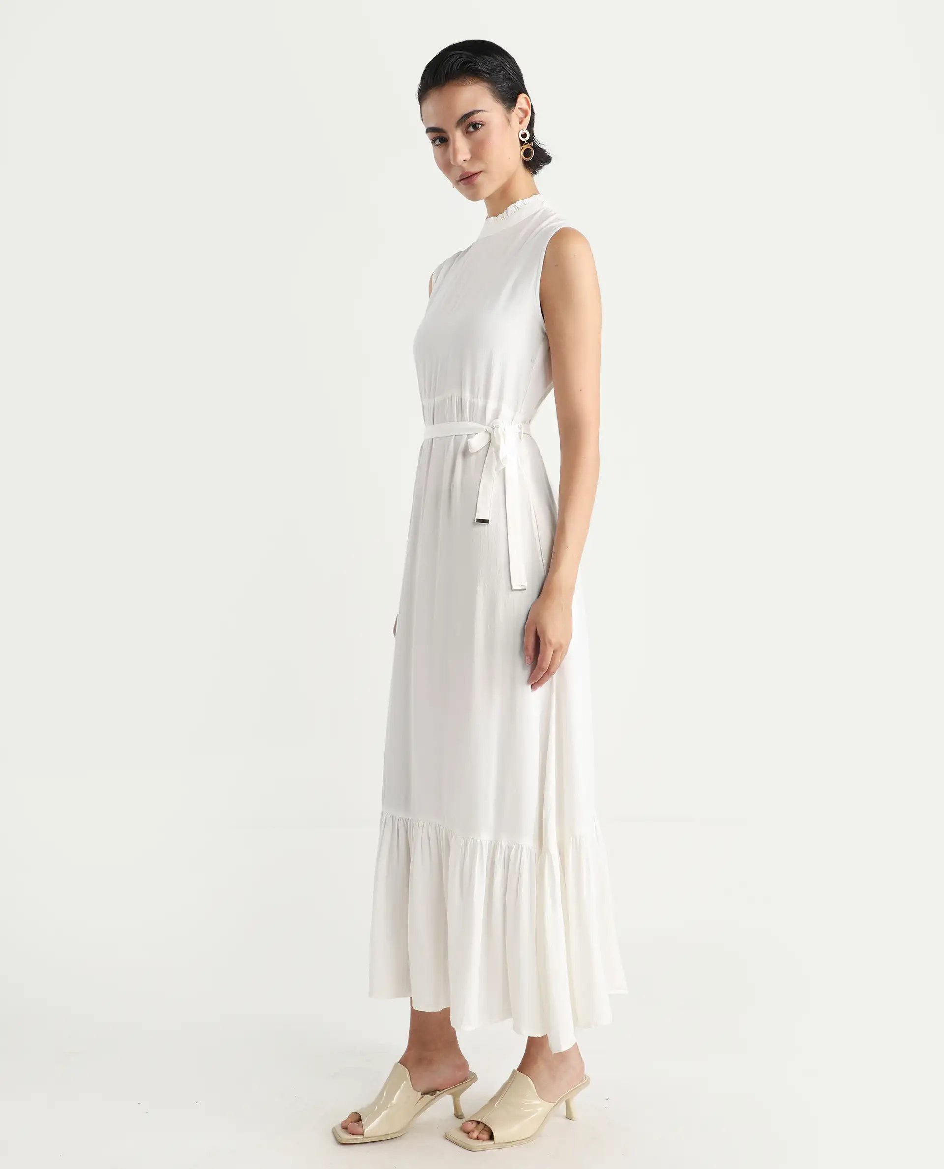 Rareism Women's Lilies White Viscose High Neck Plain Sleeveless Maxi Regular Fit Dress - Image 6