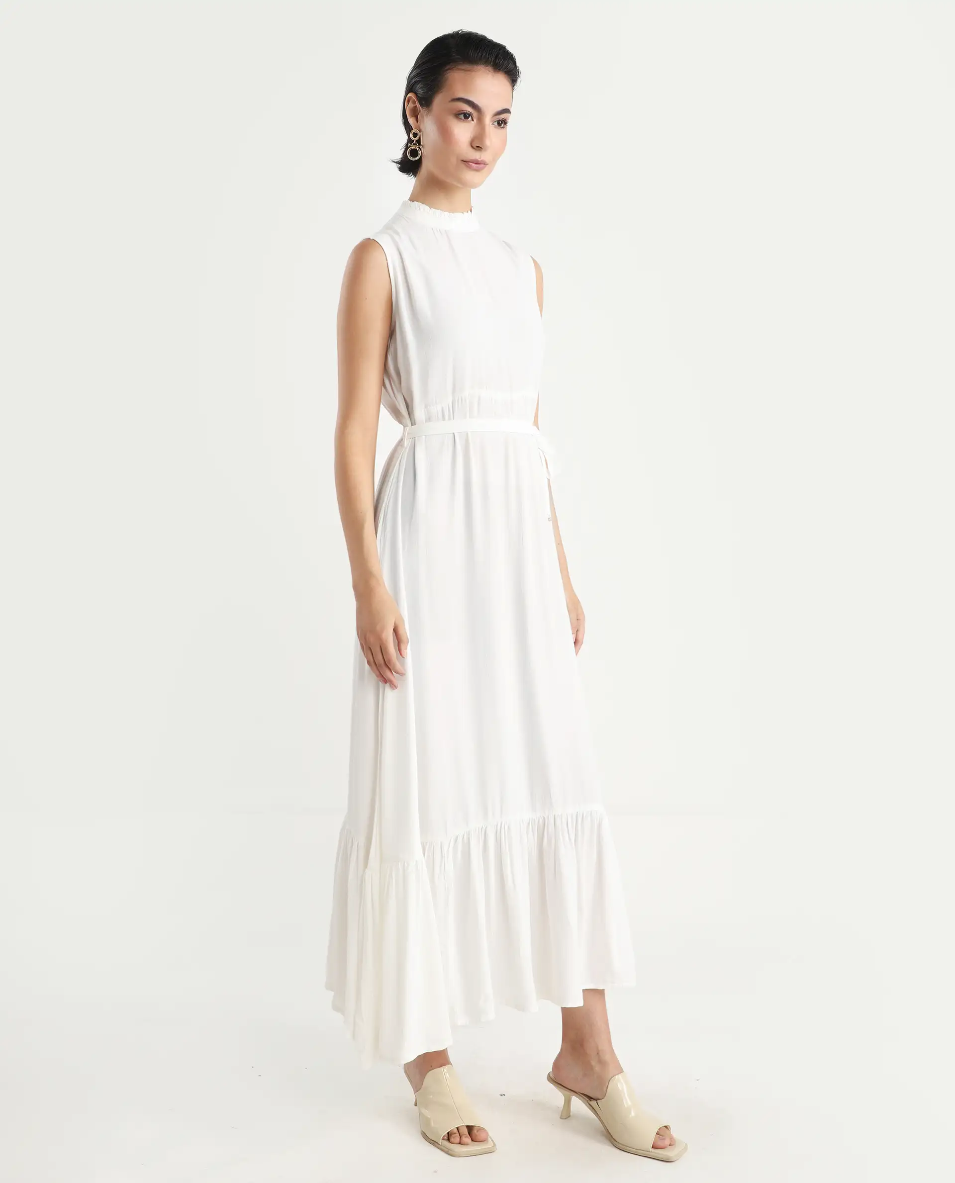 Rareism Women's Lilies White Viscose High Neck Plain Sleeveless Maxi Regular Fit Dress - Image 7
