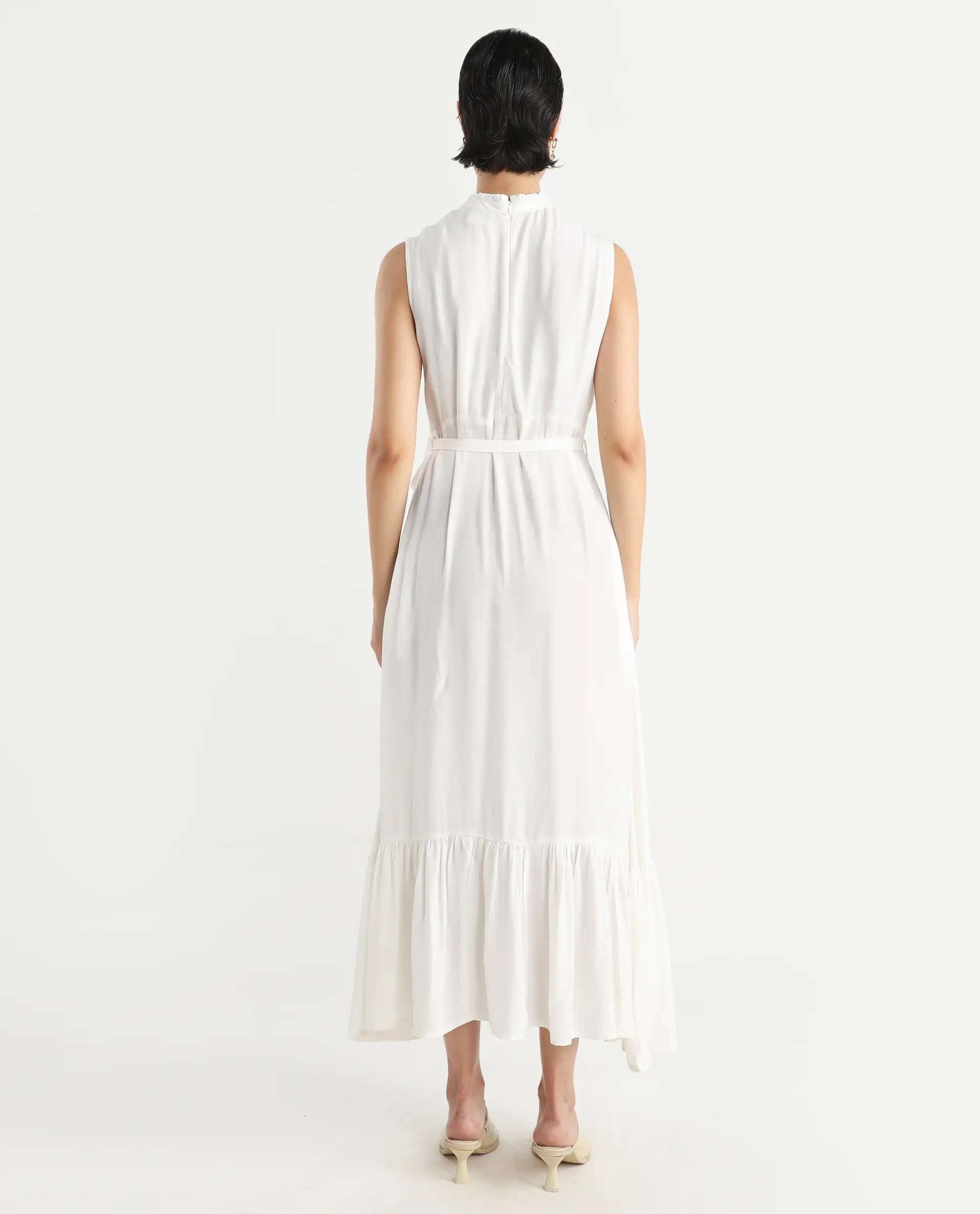 Rareism Women's Lilies White Viscose High Neck Plain Sleeveless Maxi Regular Fit Dress - Image 8
