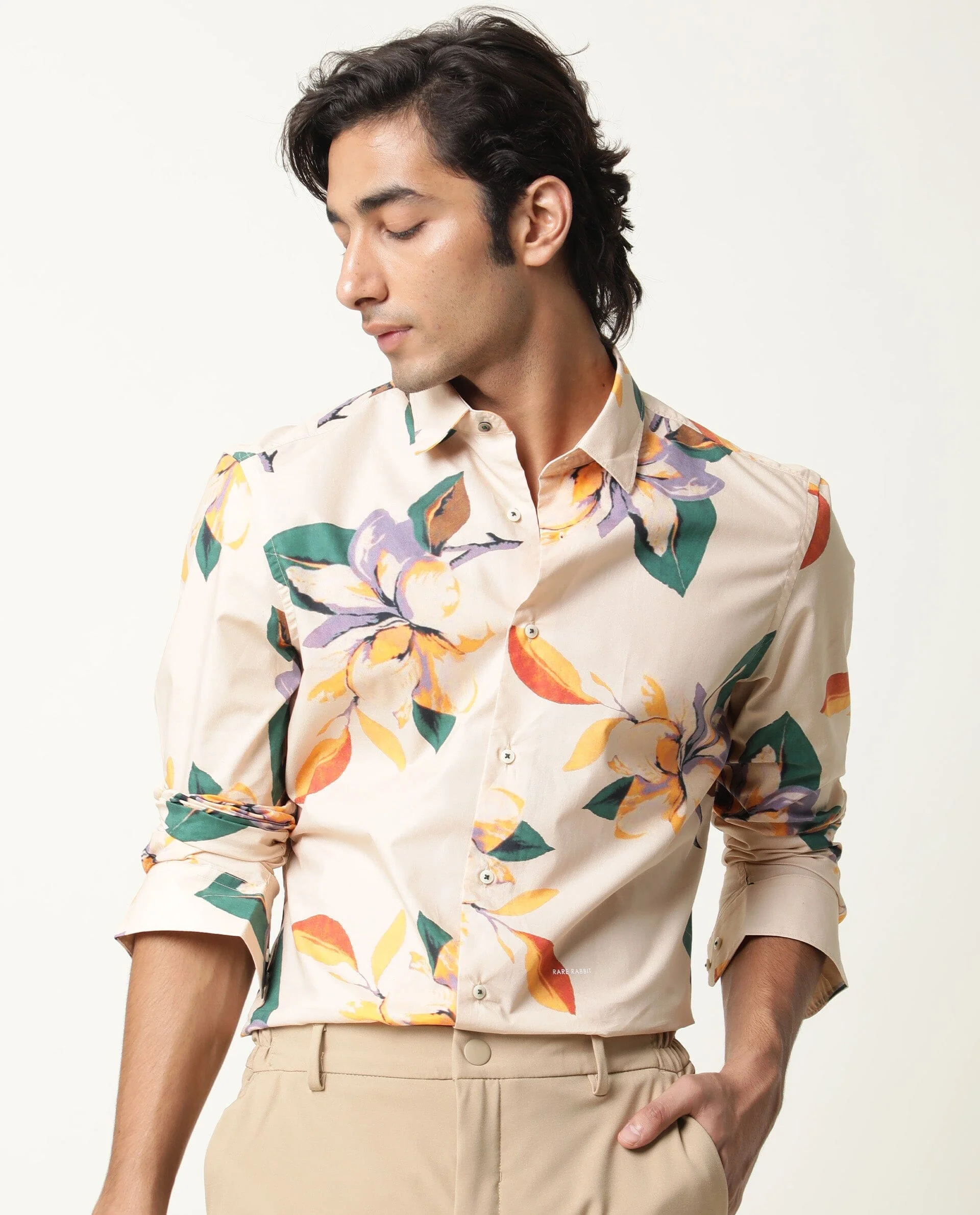Rare Rabbit Men's Lilium Beige Cotton Floral Print Tailored Fit Full Sleeve Collared Shirt
