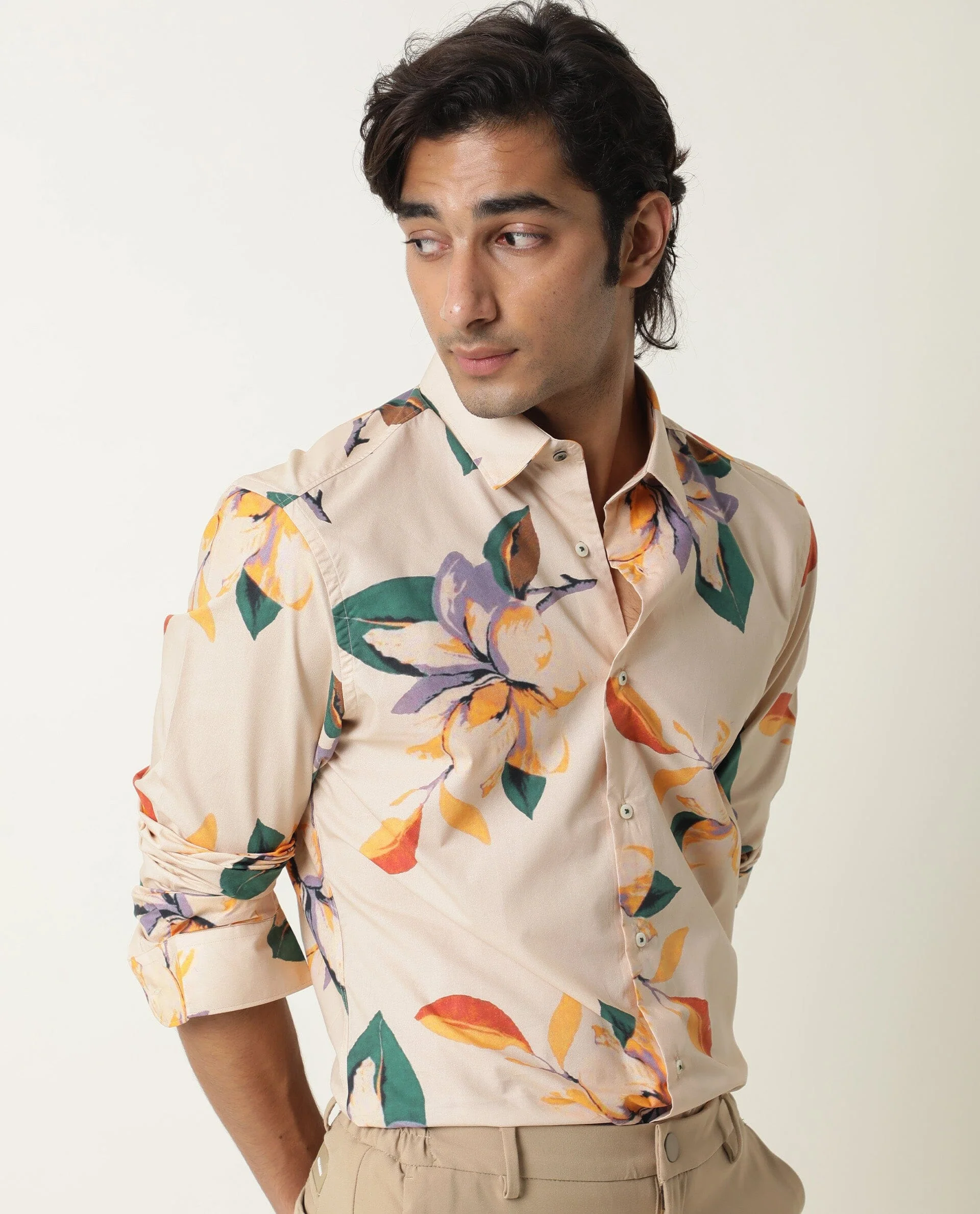 Rare Rabbit Men's Lilium Beige Cotton Floral Print Tailored Fit Full Sleeve Collared Shirt - Image 3