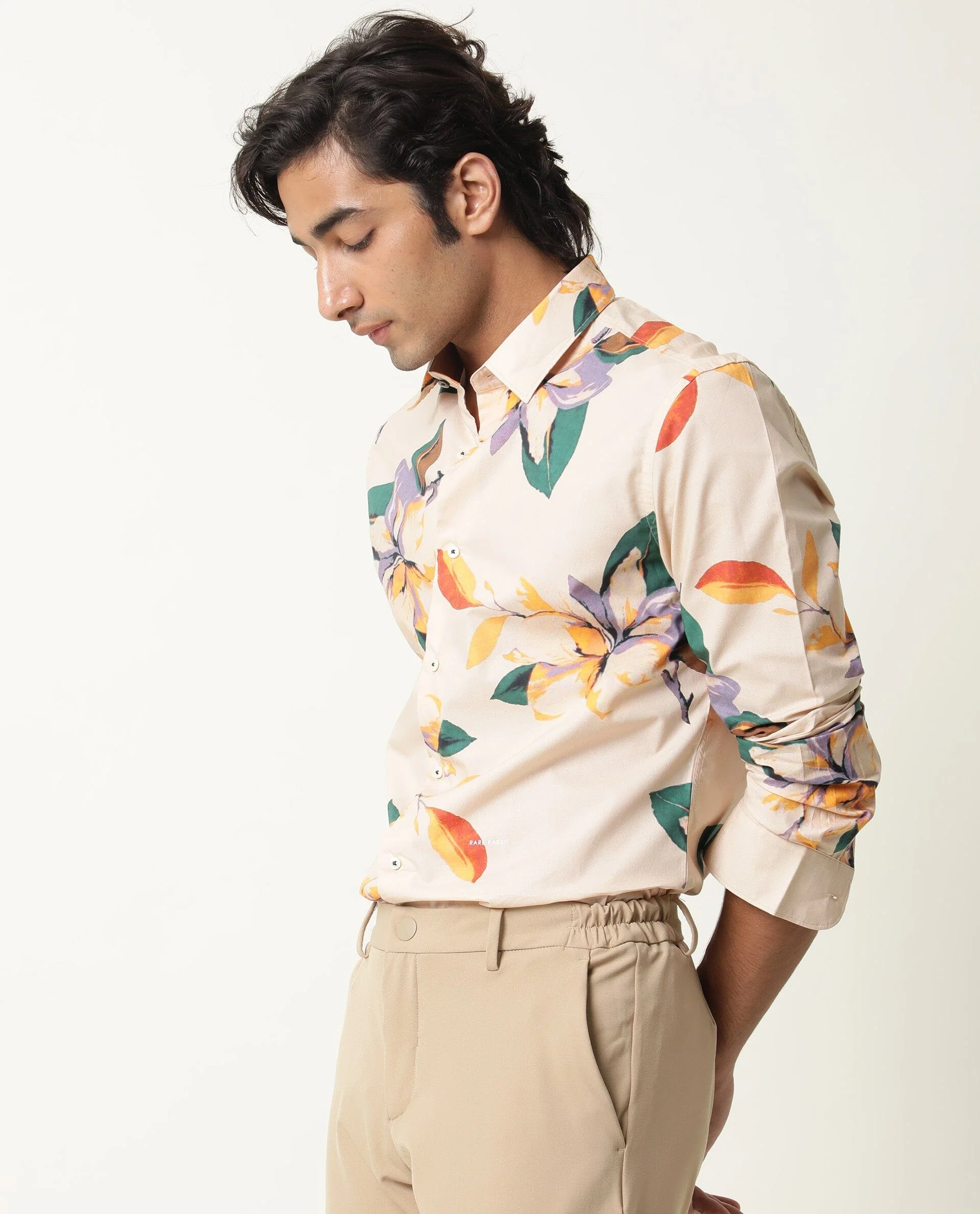 Rare Rabbit Men's Lilium Beige Cotton Floral Print Tailored Fit Full Sleeve Collared Shirt - Image 4