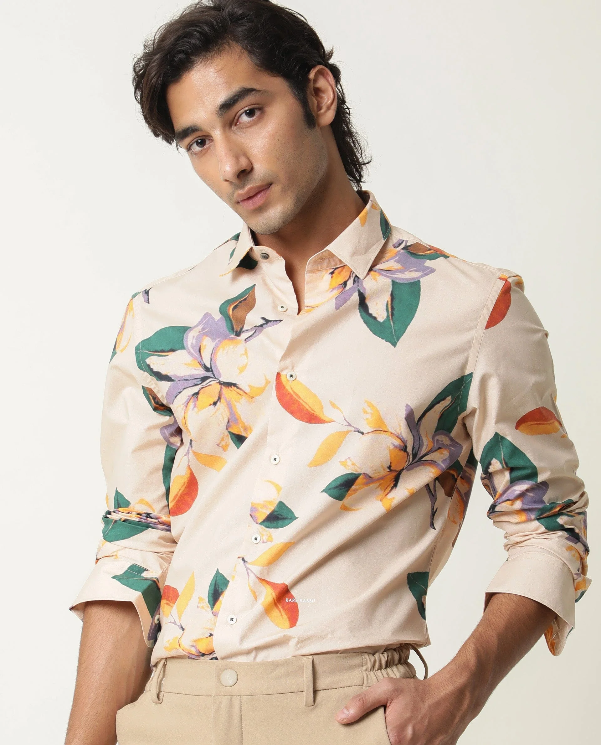 Rare Rabbit Men's Lilium Beige Cotton Floral Print Tailored Fit Full Sleeve Collared Shirt - Image 5