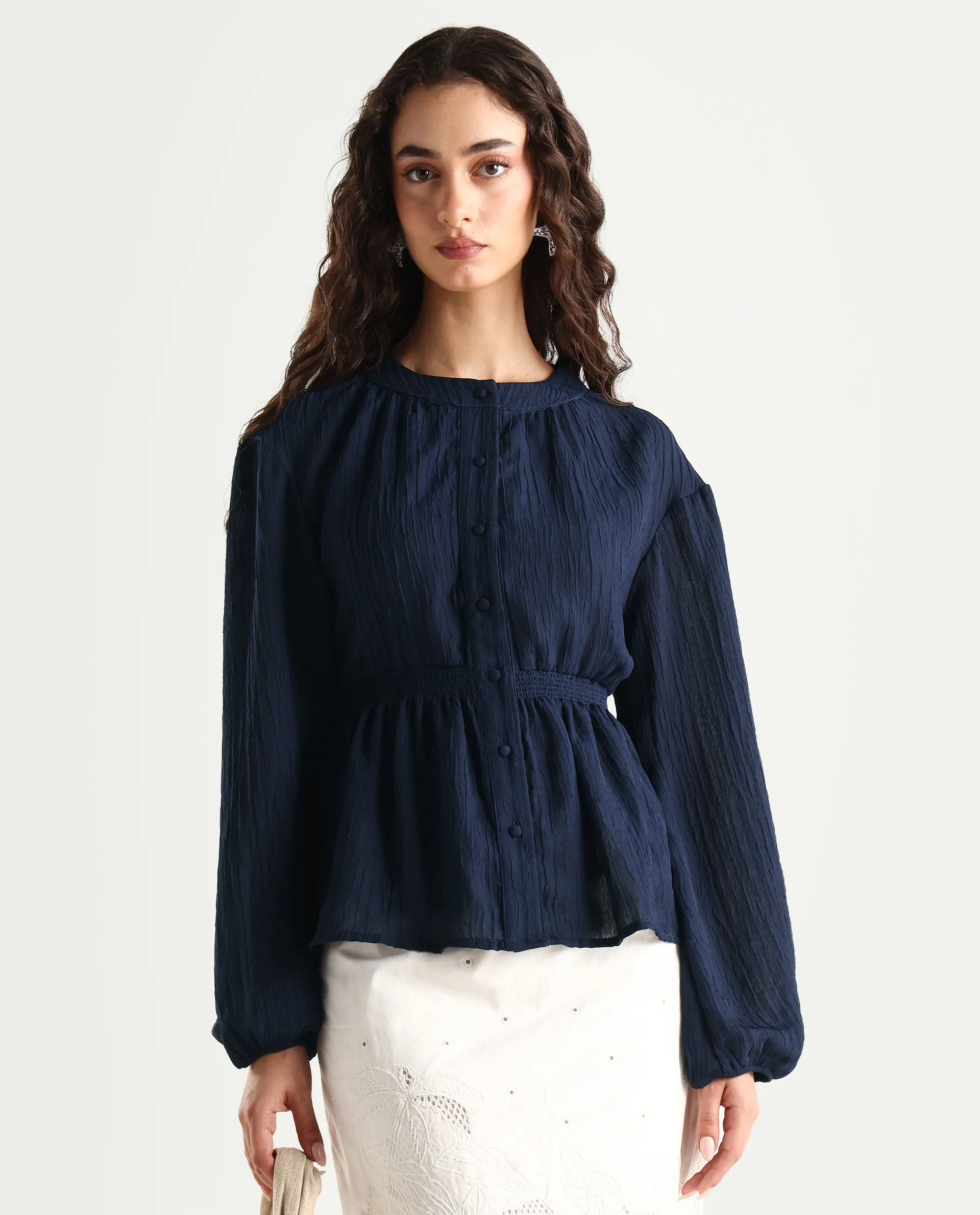 Rareism Women's Lille Navy Polyester Blend Round Neck Plain Bishop Sleeve Boxy Fit Top
