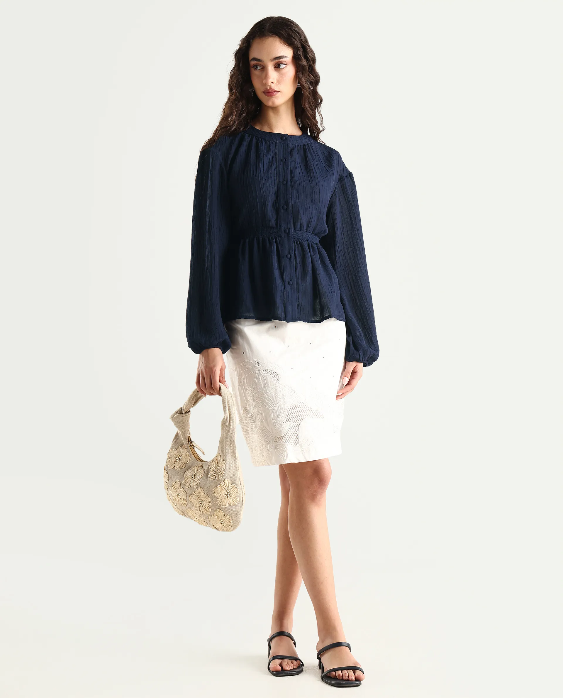 Rareism Women's Lille Navy Polyester Blend Round Neck Plain Bishop Sleeve Boxy Fit Top - Image 2