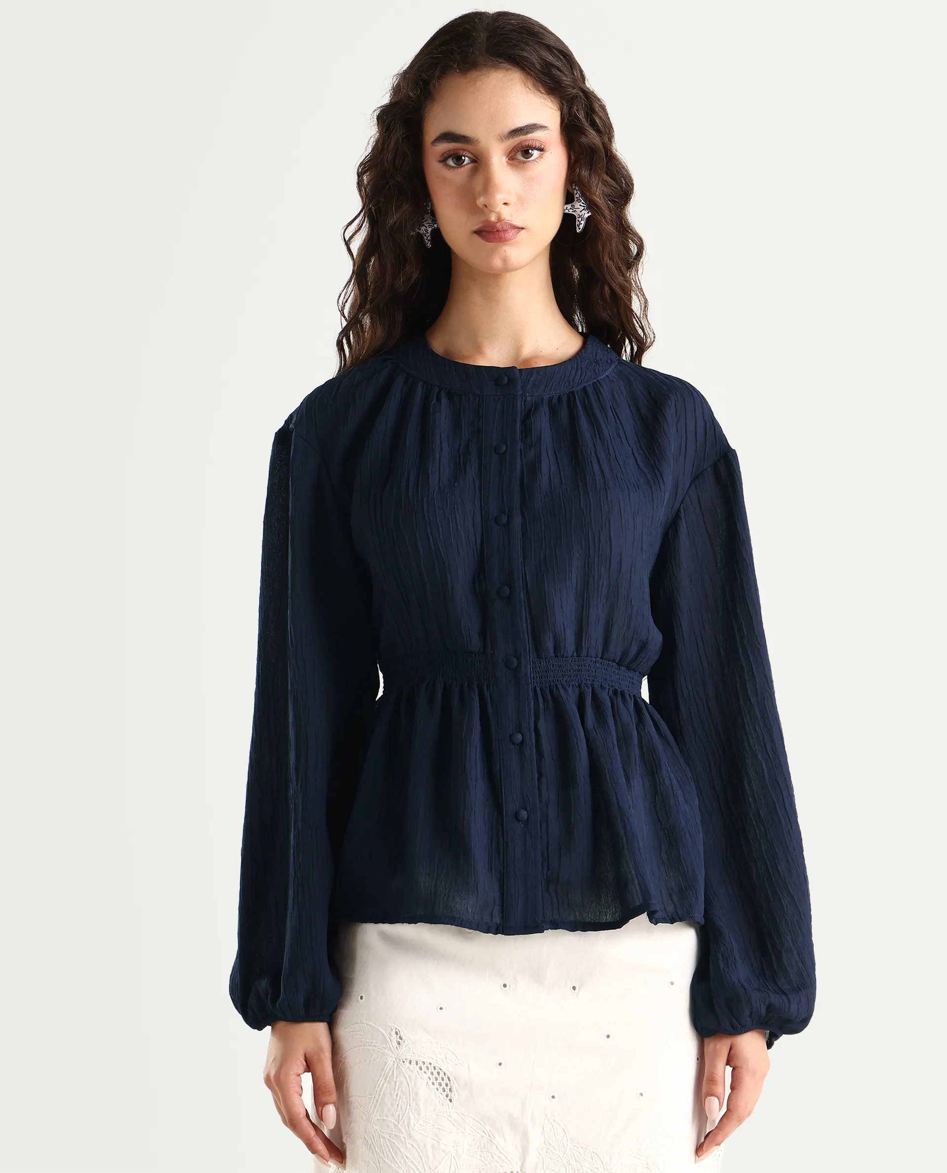 Rareism Women's Lille Navy Polyester Blend Round Neck Plain Bishop Sleeve Boxy Fit Top - Image 3