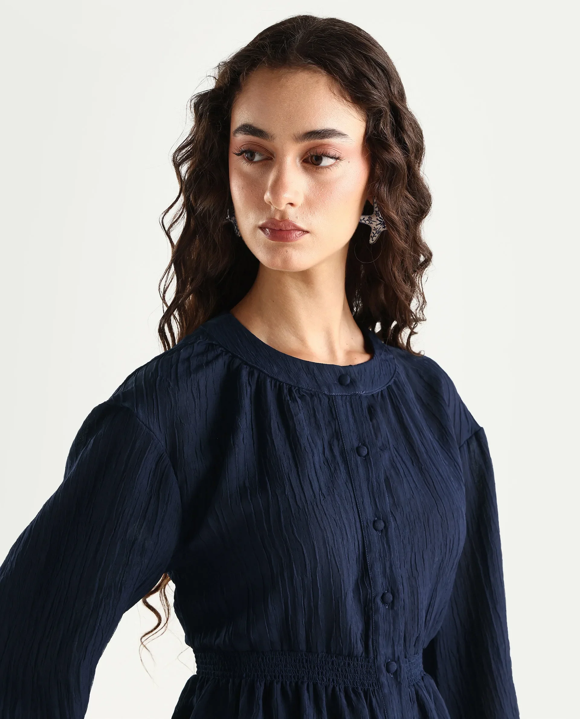 Rareism Women's Lille Navy Polyester Blend Round Neck Plain Bishop Sleeve Boxy Fit Top - Image 4