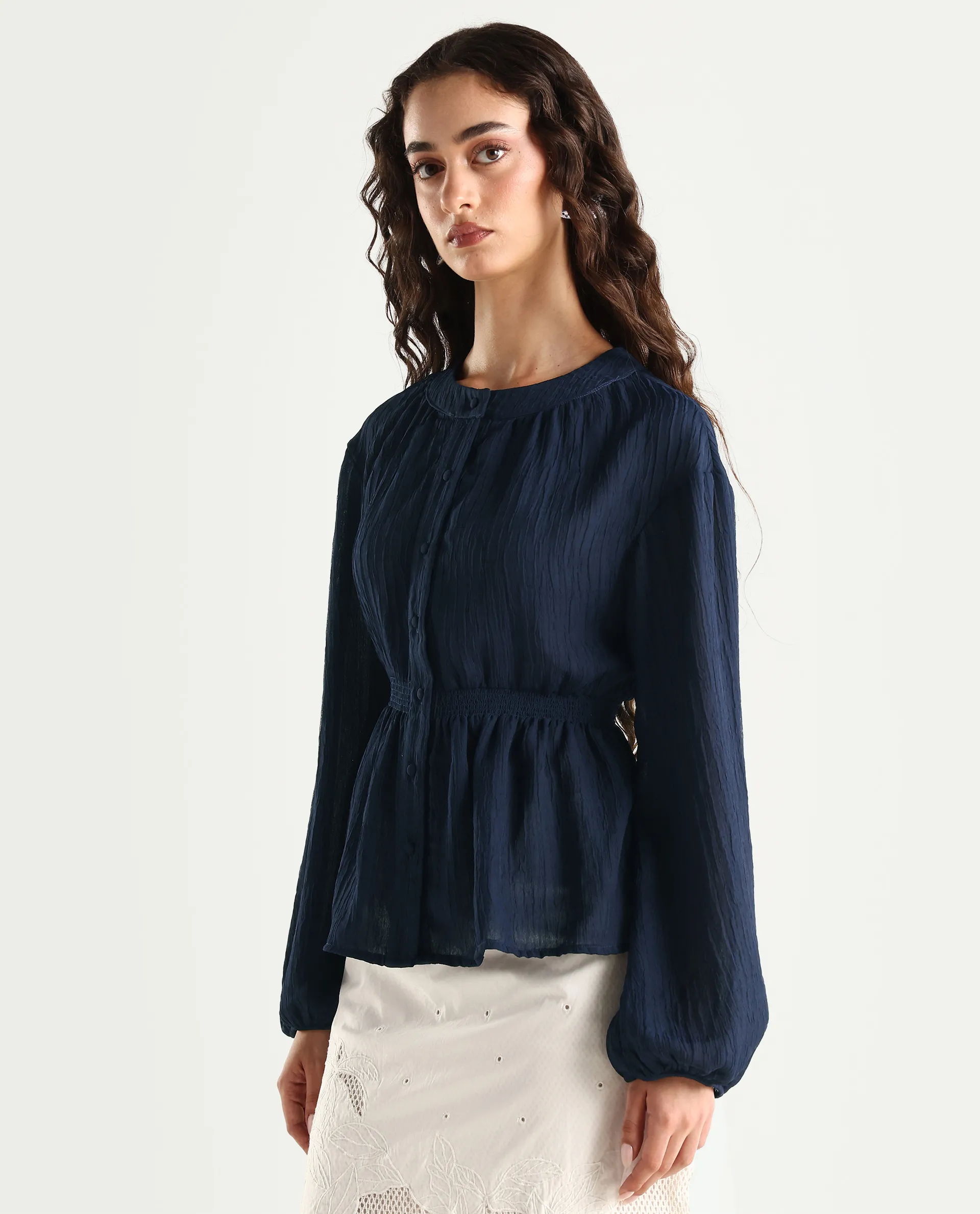 Rareism Women's Lille Navy Polyester Blend Round Neck Plain Bishop Sleeve Boxy Fit Top - Image 5