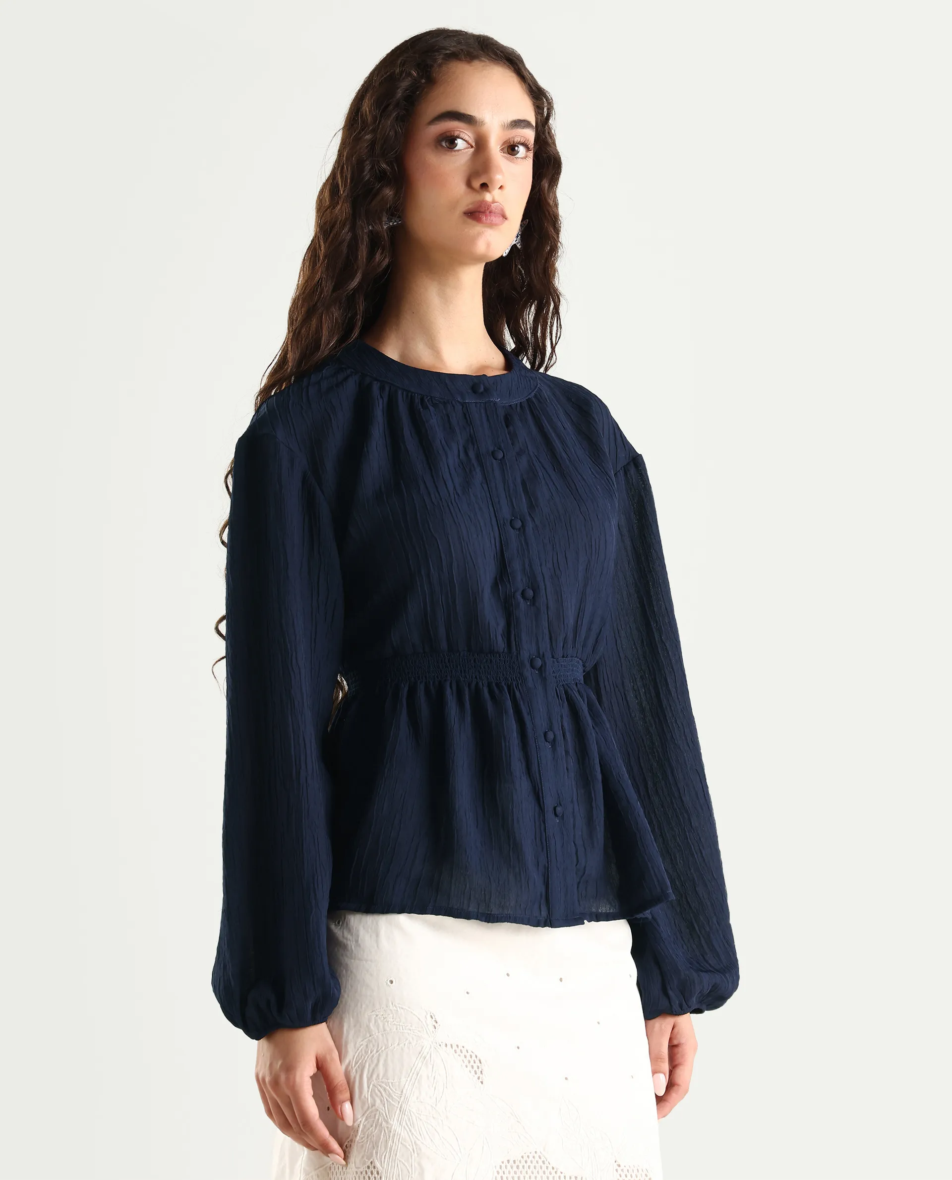 Rareism Women's Lille Navy Polyester Blend Round Neck Plain Bishop Sleeve Boxy Fit Top - Image 6