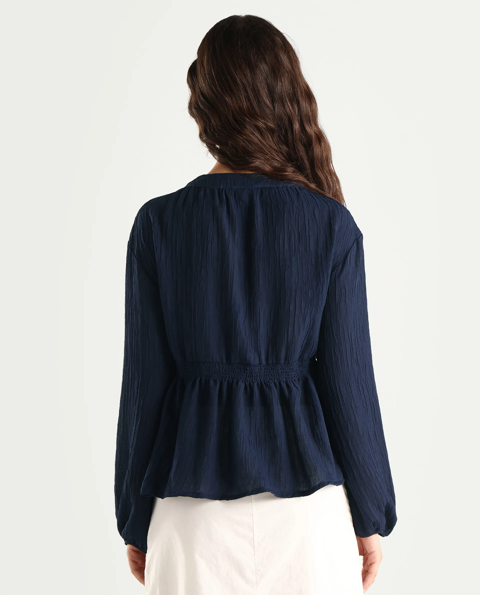 Rareism Women's Lille Navy Polyester Blend Round Neck Plain Bishop Sleeve Boxy Fit Top - Image 7