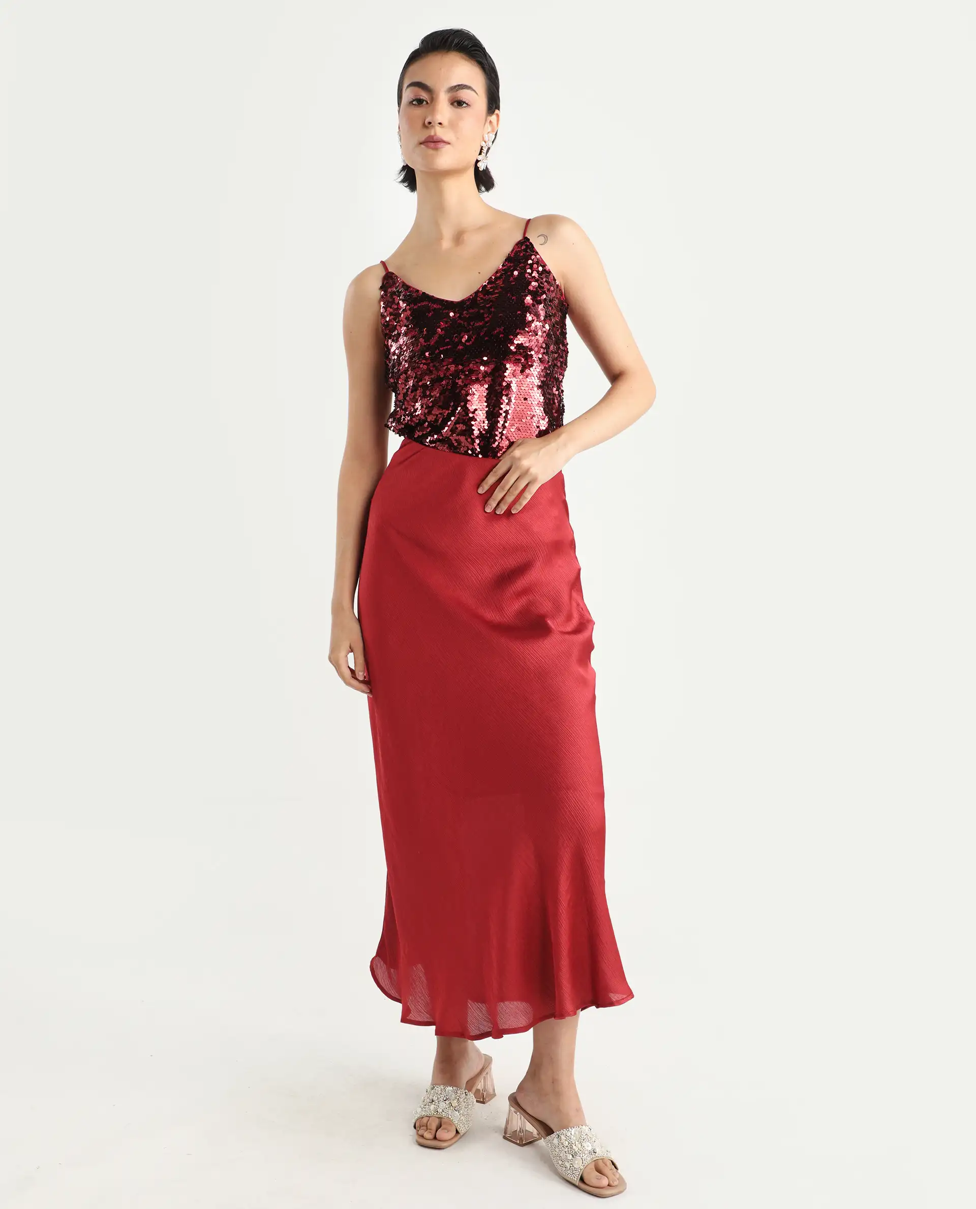 Rareism Women's Lilo Sheen Red Polyester V-Neck Sequined Shoulder Strap Regular Fit Top - Image 2