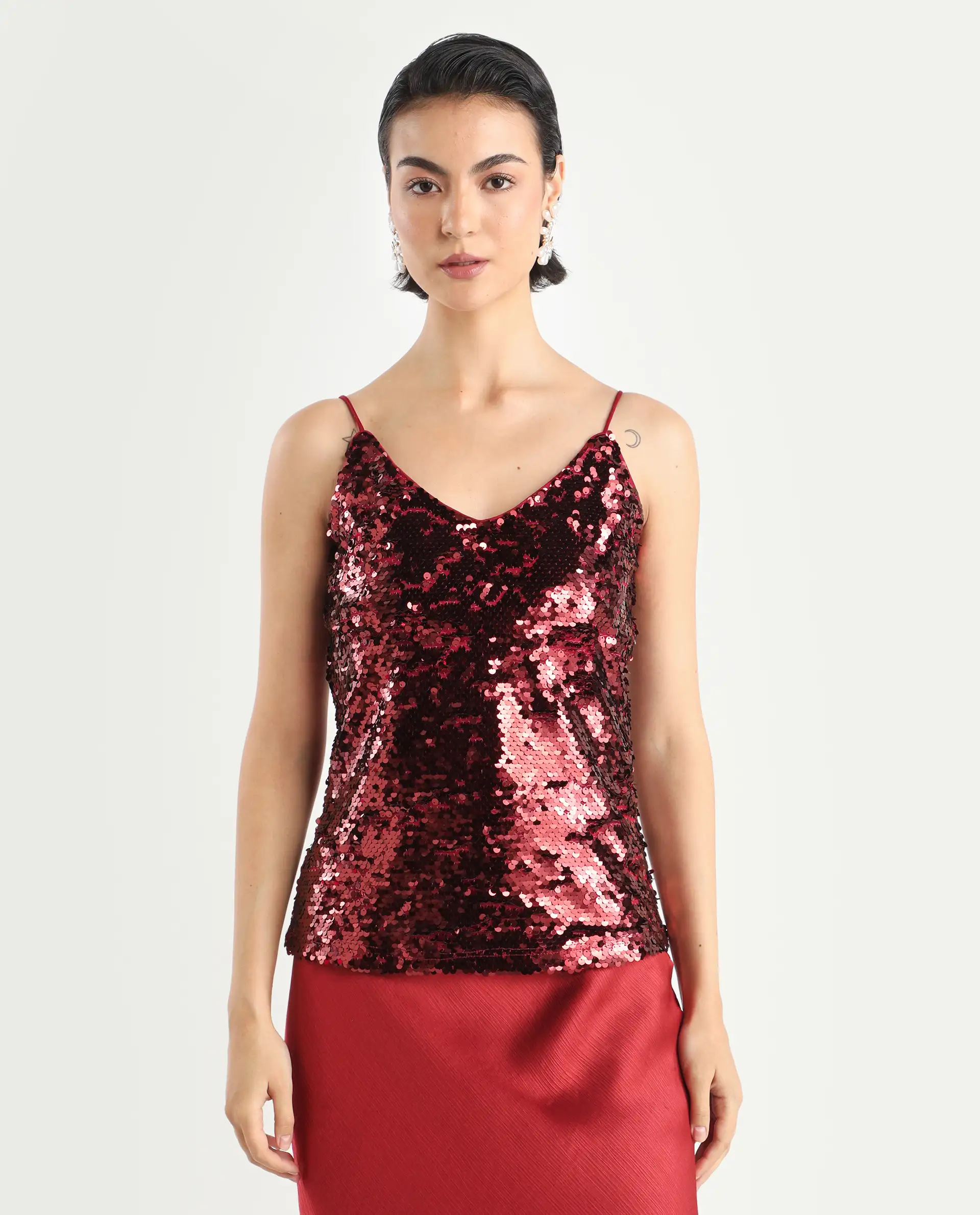 Rareism Women's Lilo Sheen Red Polyester V-Neck Sequined Shoulder Strap Regular Fit Top - Image 3