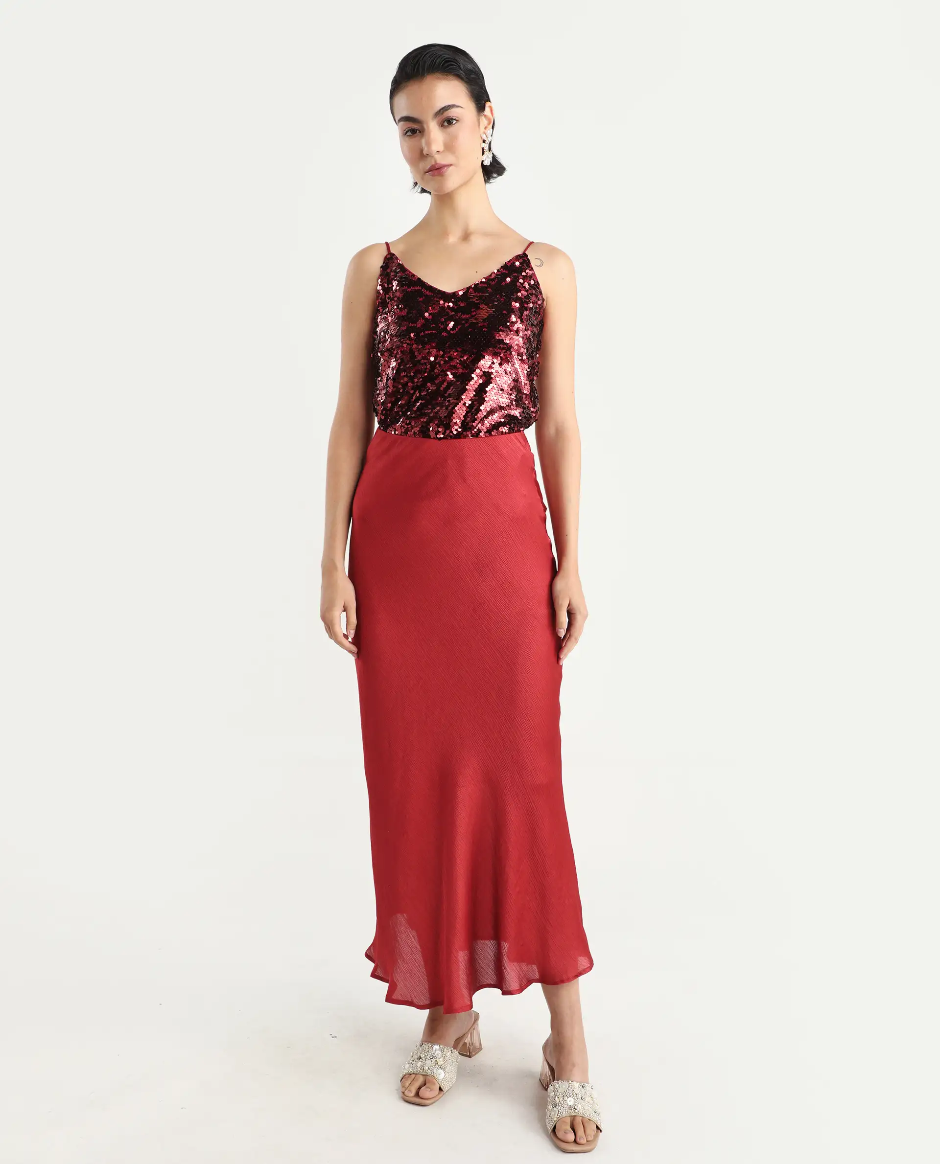 Rareism Women's Lilo Sheen Red Polyester V-Neck Sequined Shoulder Strap Regular Fit Top - Image 4