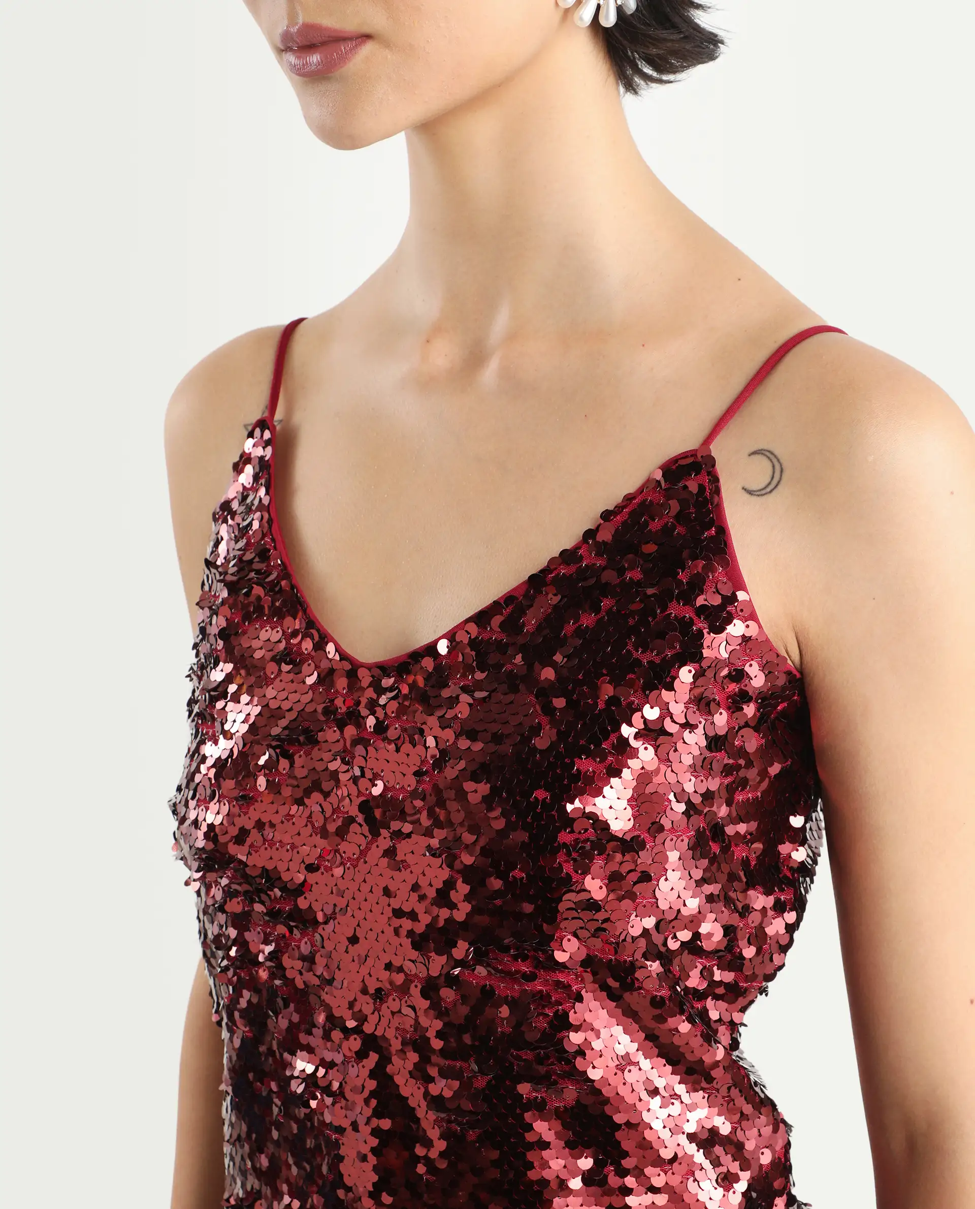 Rareism Women's Lilo Sheen Red Polyester V-Neck Sequined Shoulder Strap Regular Fit Top - Image 5