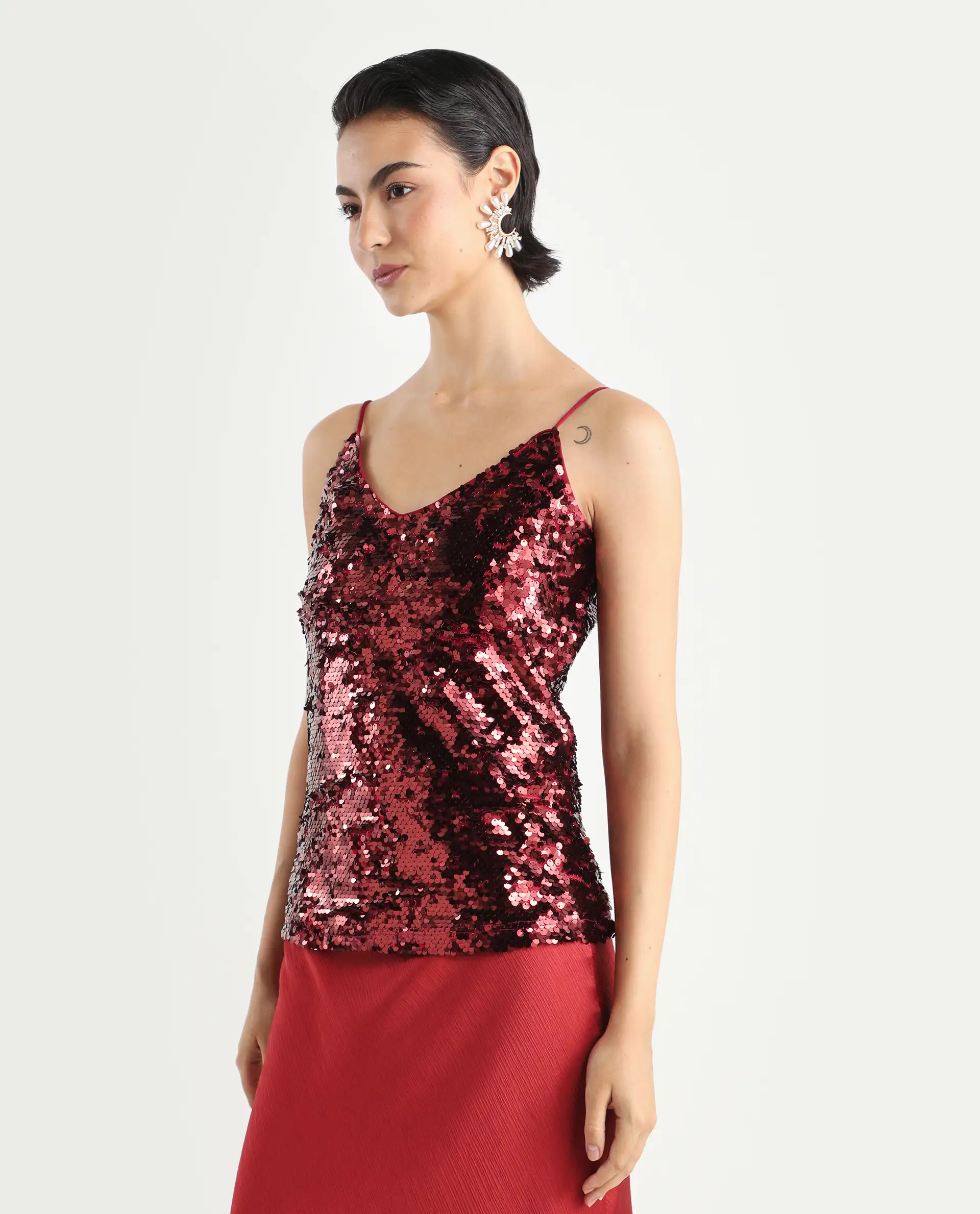 Rareism Women's Lilo Sheen Red Polyester V-Neck Sequined Shoulder Strap Regular Fit Top - Image 6
