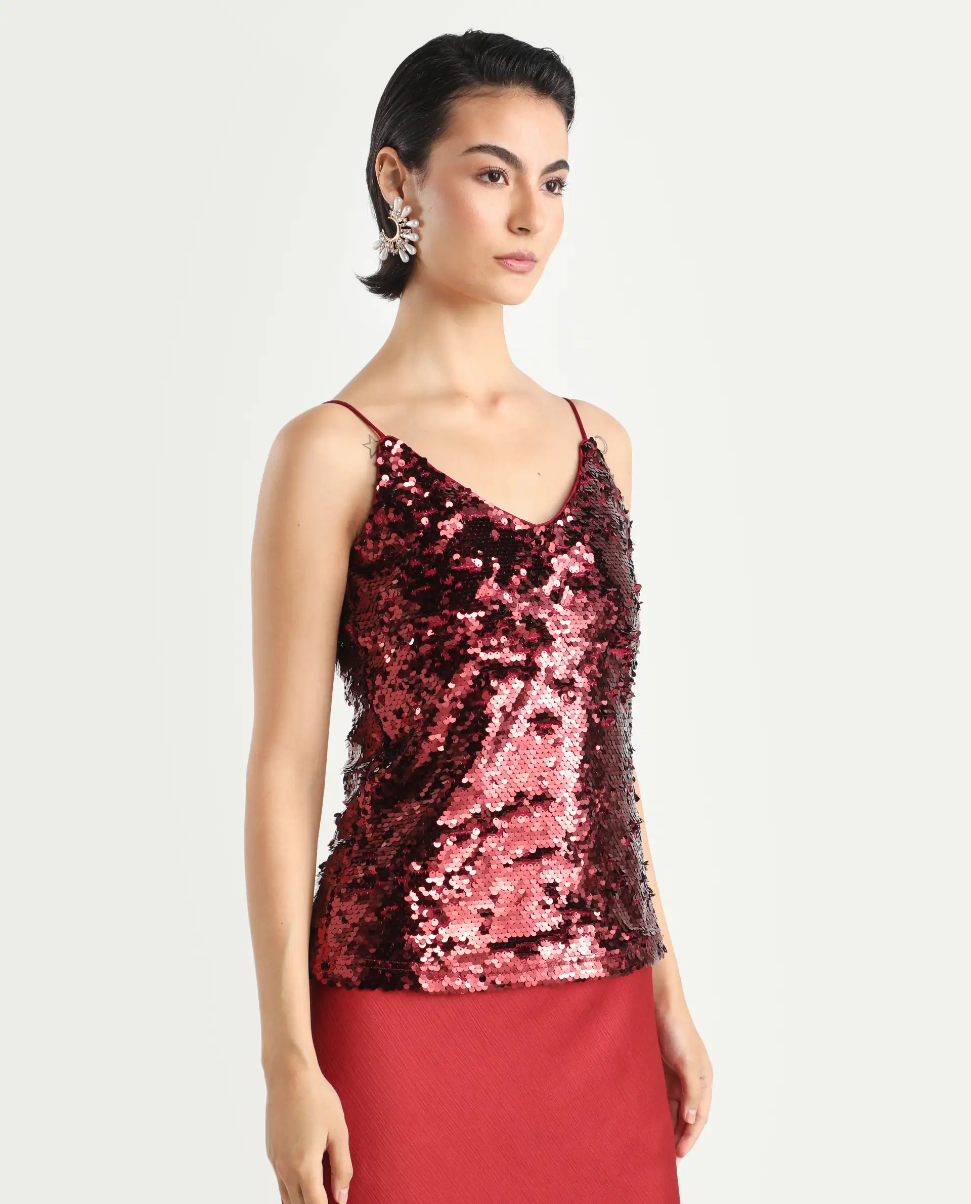 Rareism Women's Lilo Sheen Red Polyester V-Neck Sequined Shoulder Strap Regular Fit Top - Image 7