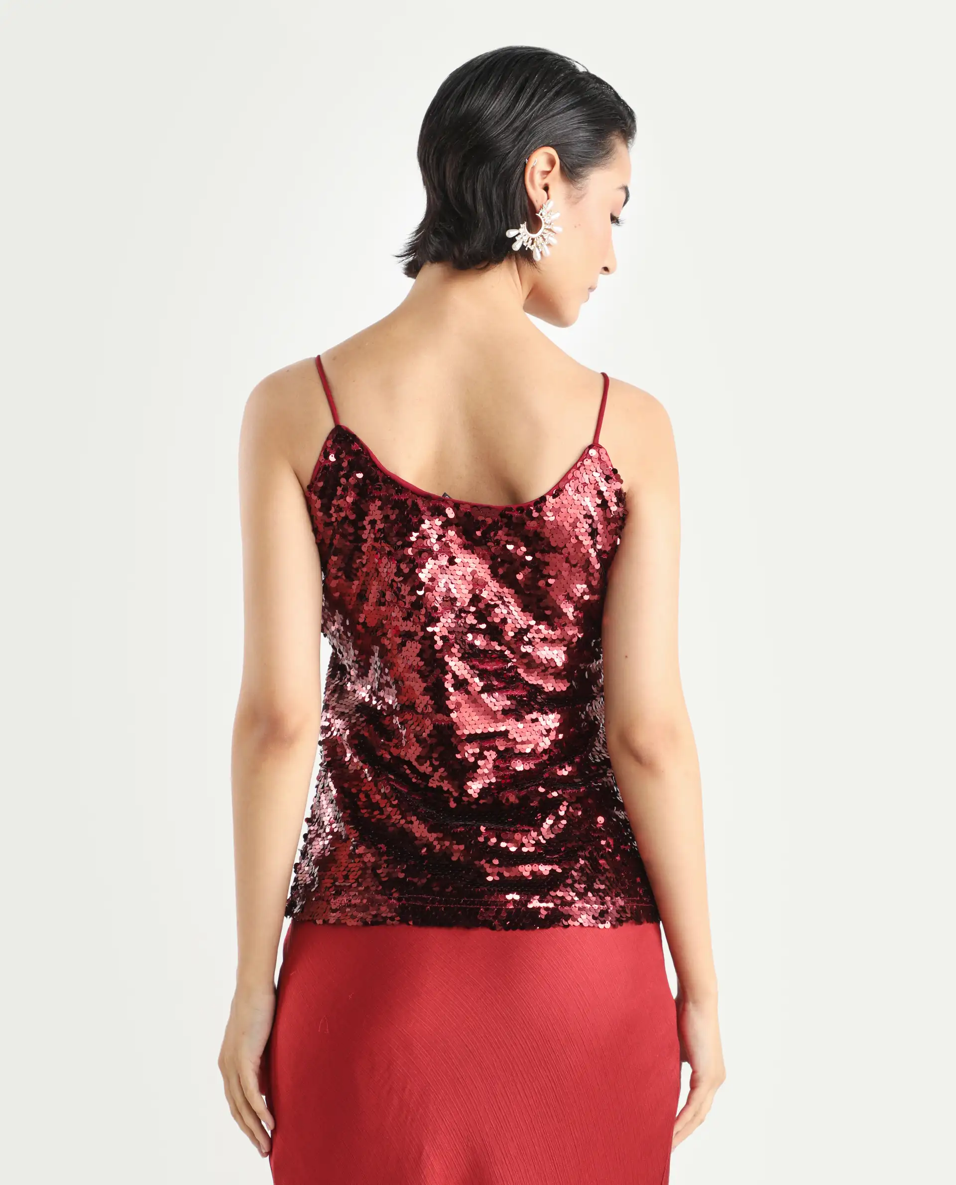 Rareism Women's Lilo Sheen Red Polyester V-Neck Sequined Shoulder Strap Regular Fit Top - Image 8